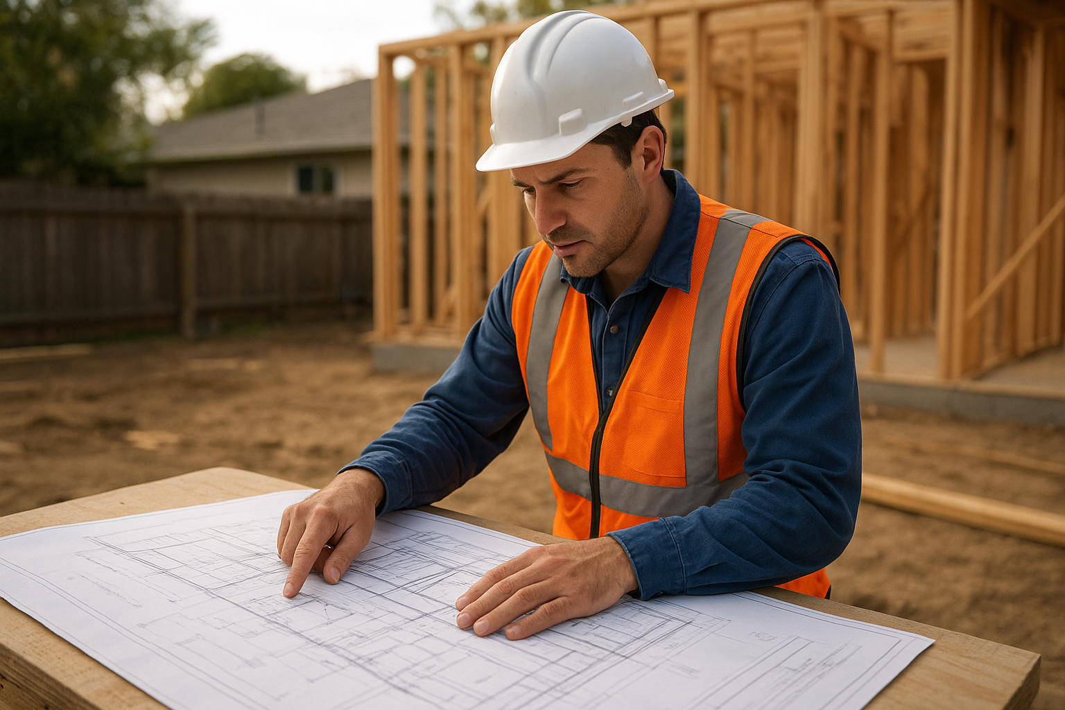Construction expert reviewing detached ADU blueprints on a job site