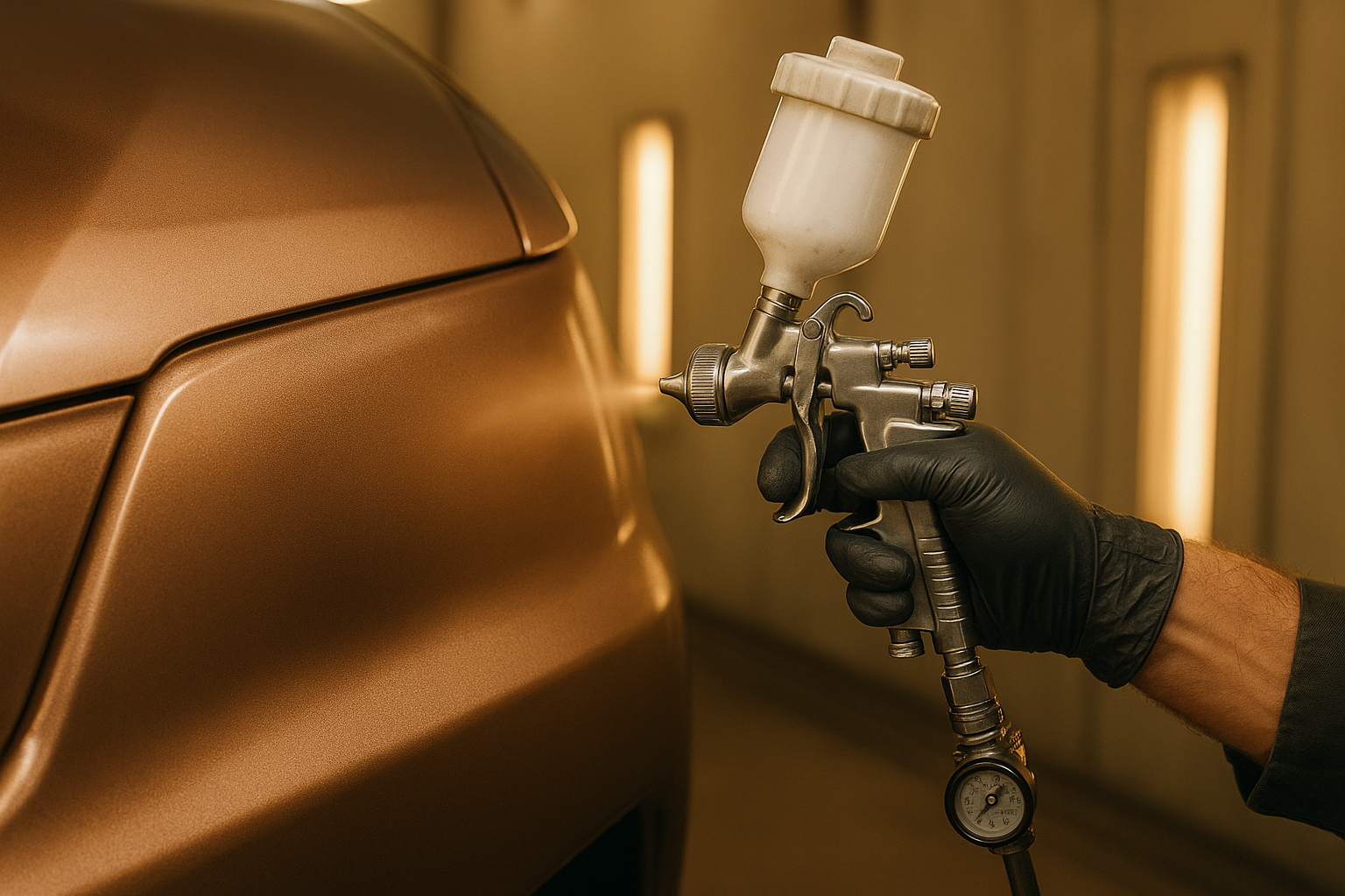 Paint technician applying color-matched paint during vehicle body restoration