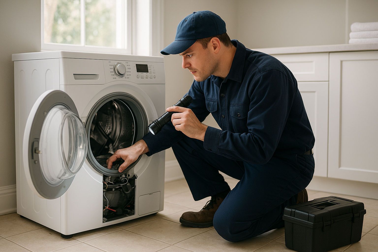 Technician providing reliable washer repair services on a front-load washing machine in a Santa Rosa home