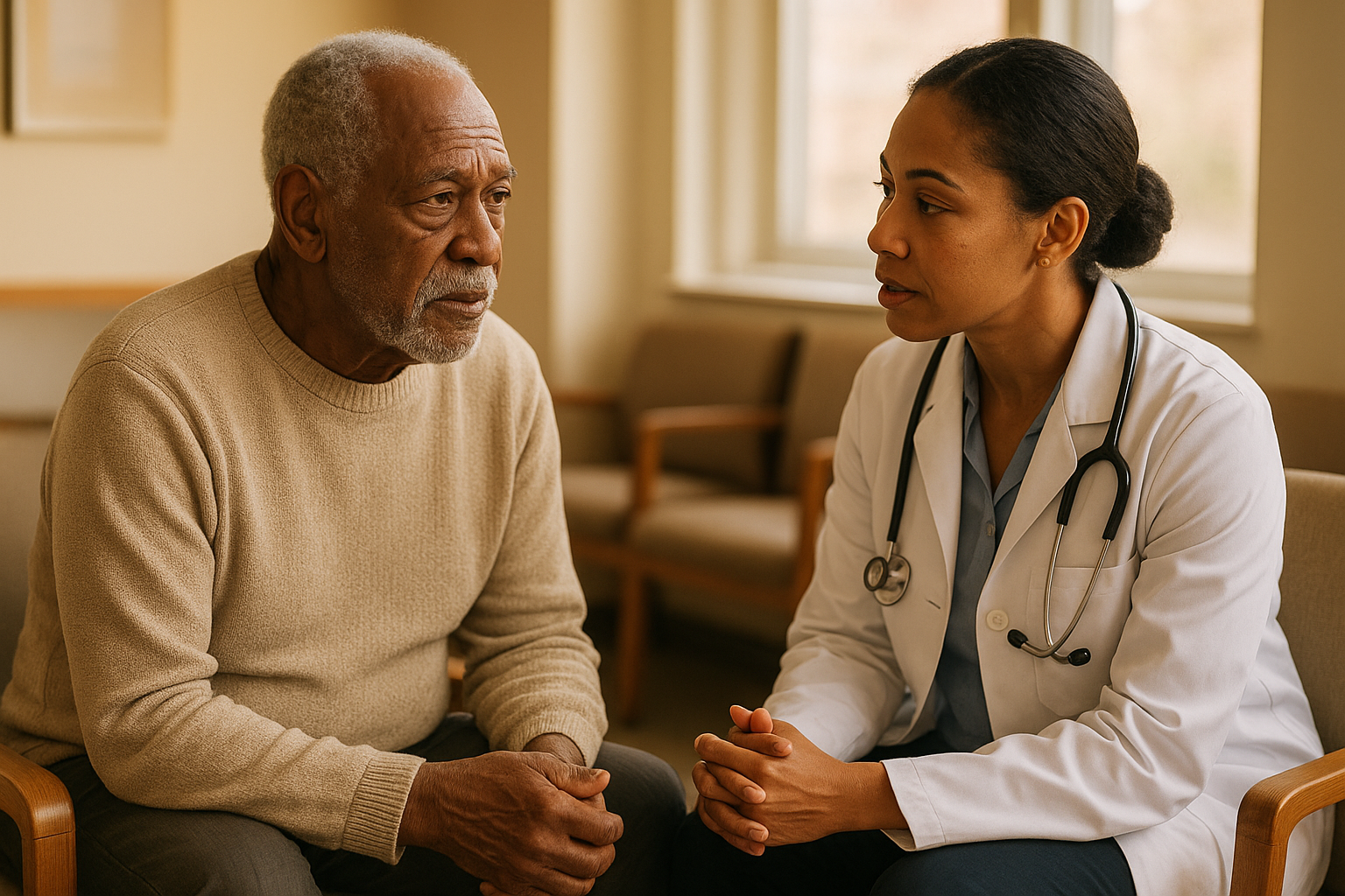 Community elder speaking with a healthcare professional about trust and cultural context in care