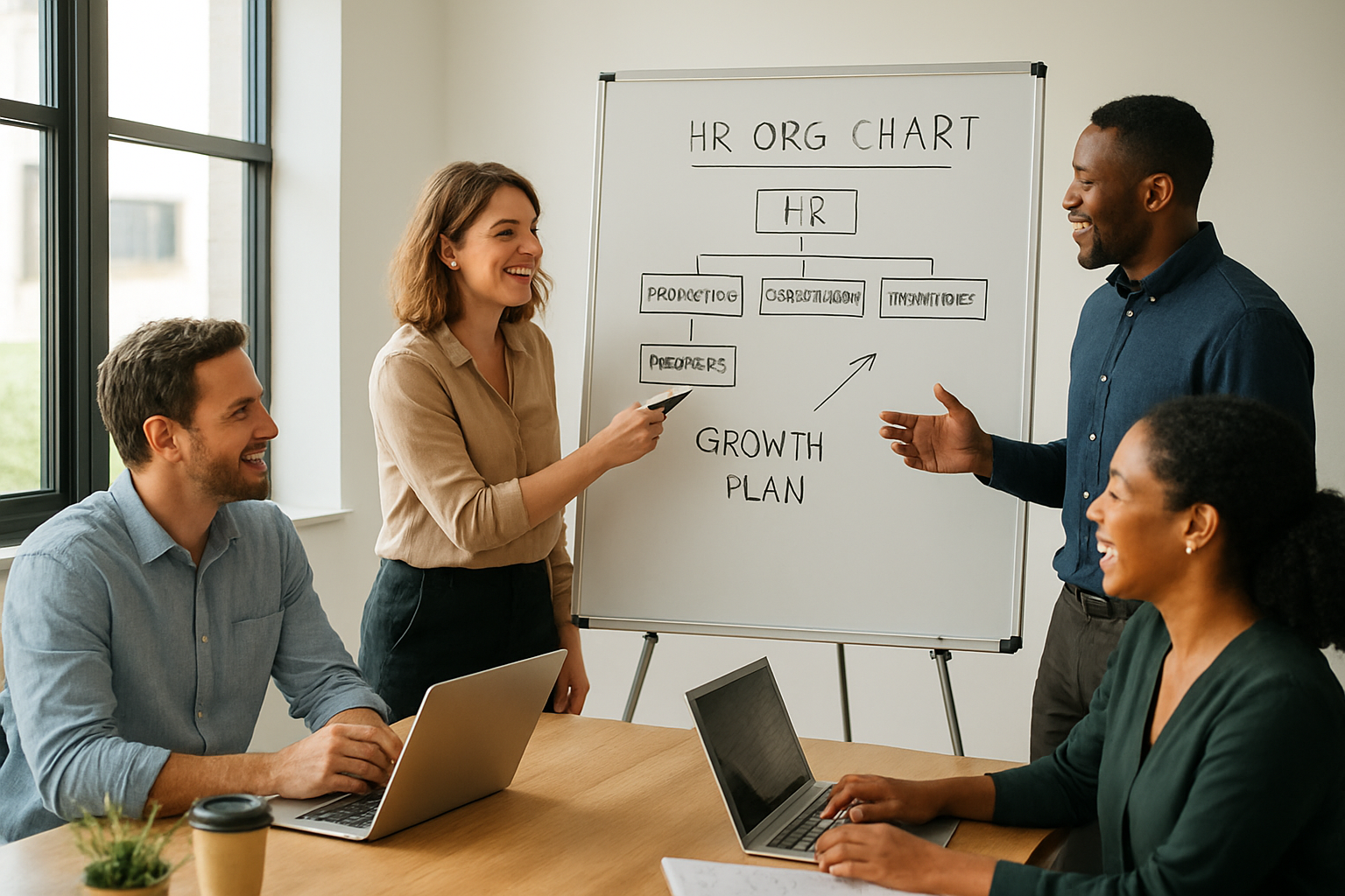 Leadership team discussing HR leadership for growing companies around a whiteboard