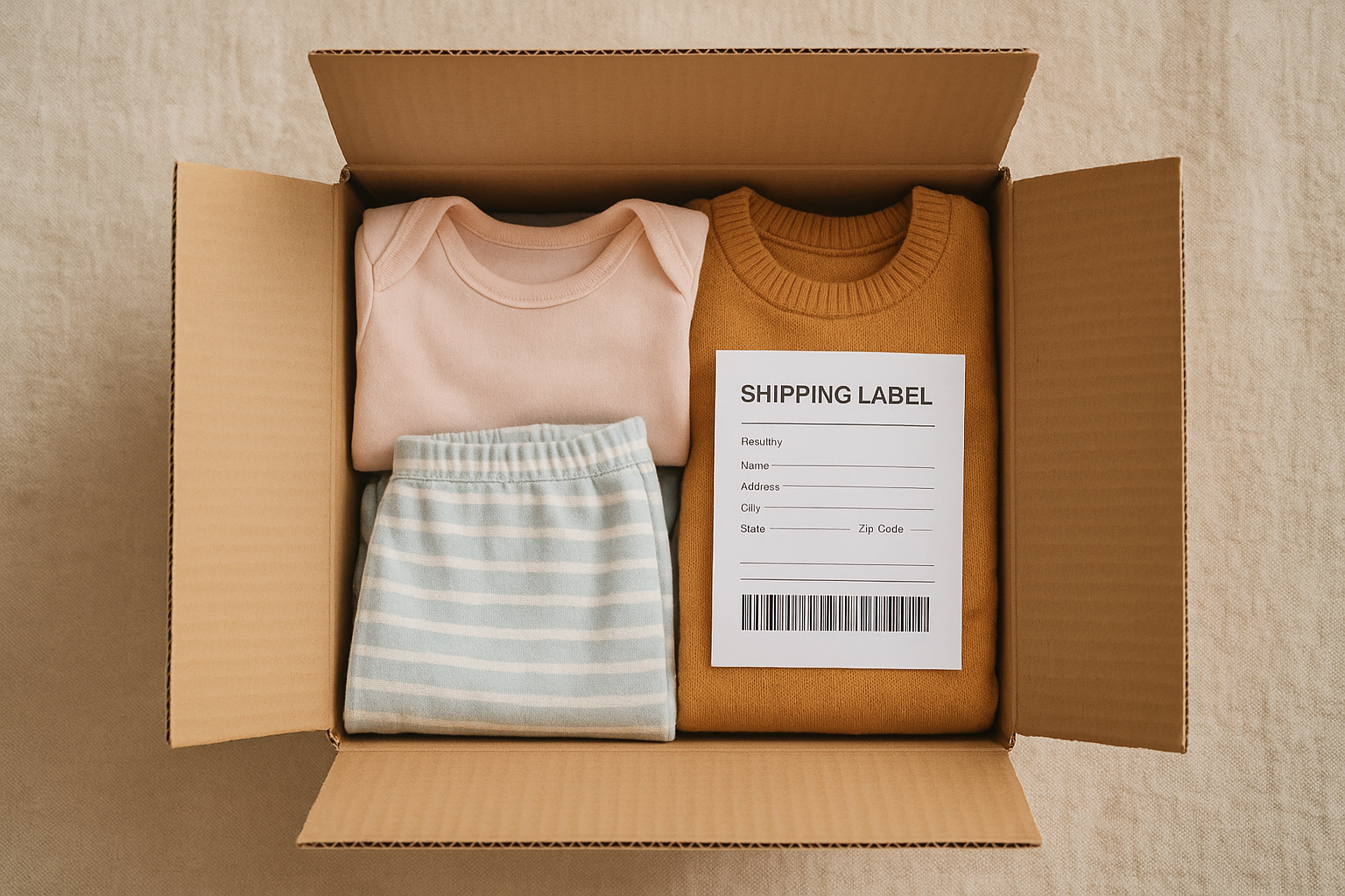 Shipping box packed with kids clothing ready for a rental swap