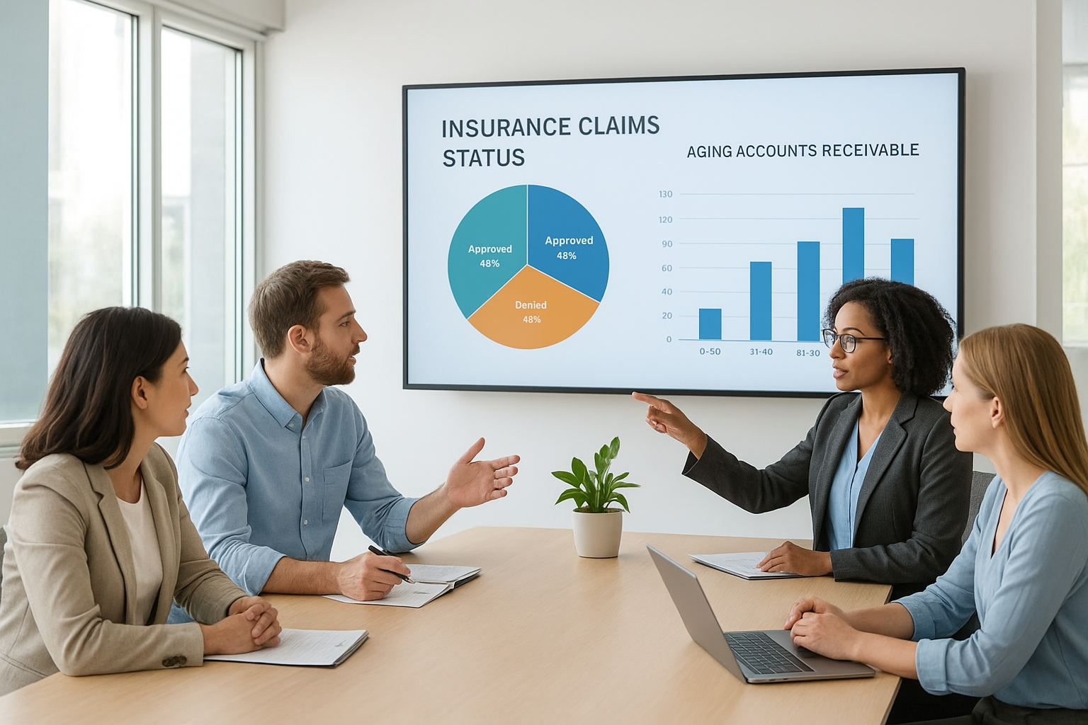 Billing team monitoring insurance claims and aging accounts receivable on a large screen