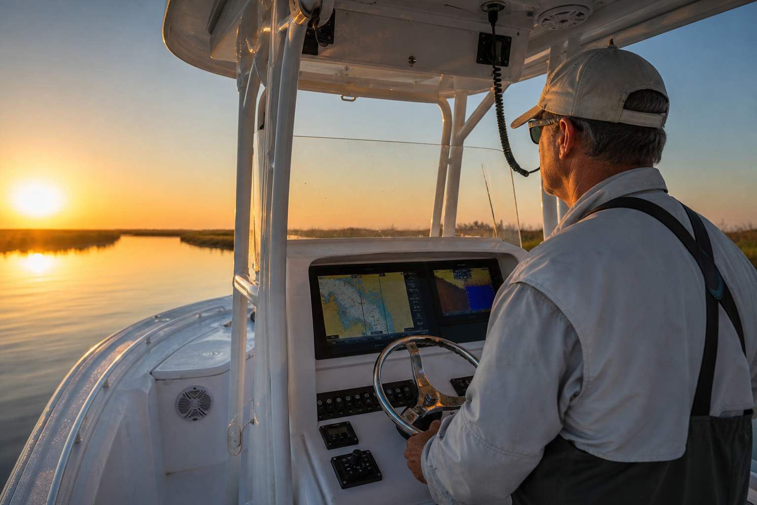 Charter captain scanning a tidal creek at sunrise while reading seasonal fish migration patterns around the Grand Strand