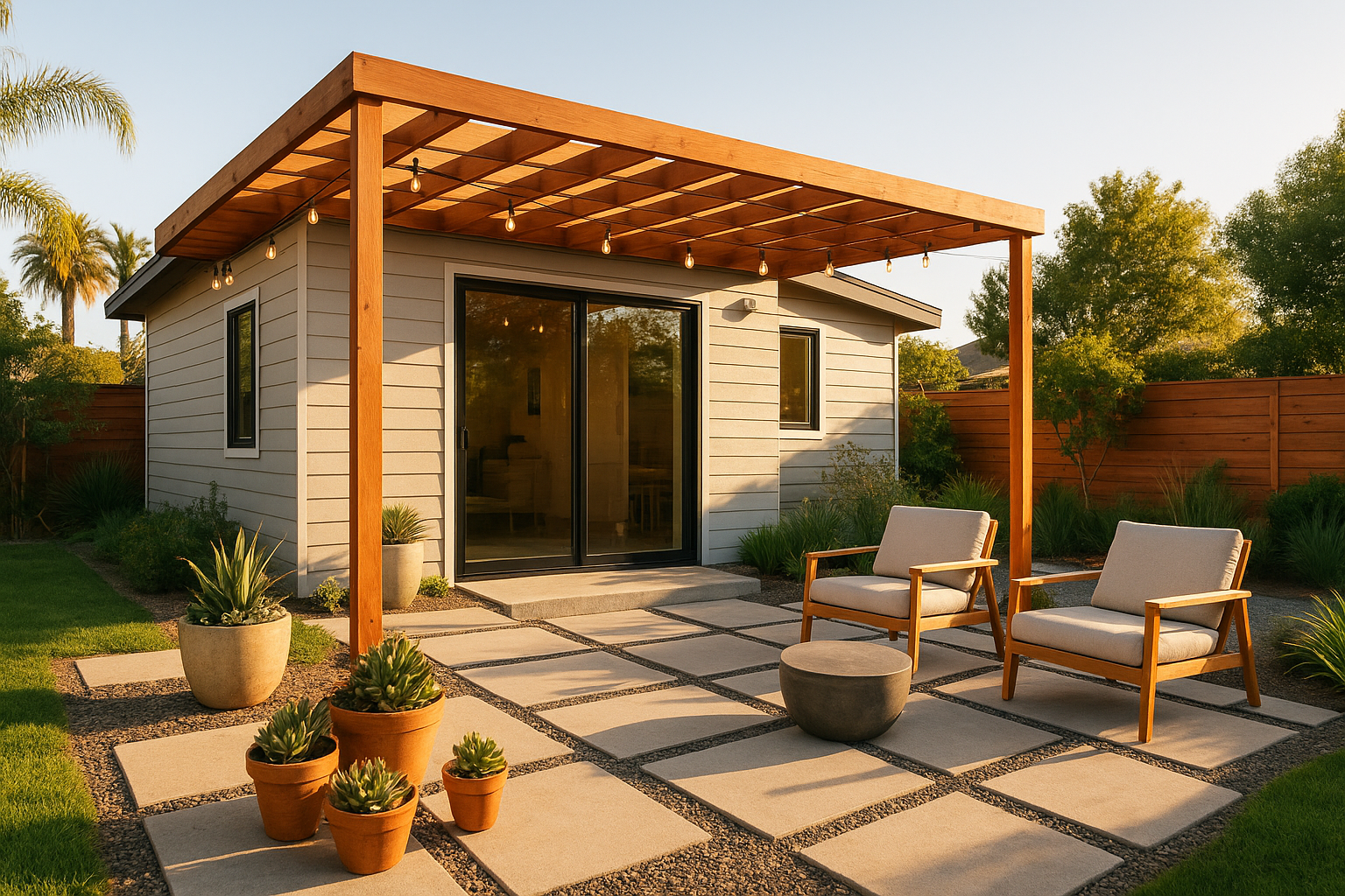 Outdoor living space attached to a modern ADU with pergola and landscaped patio in Southern California