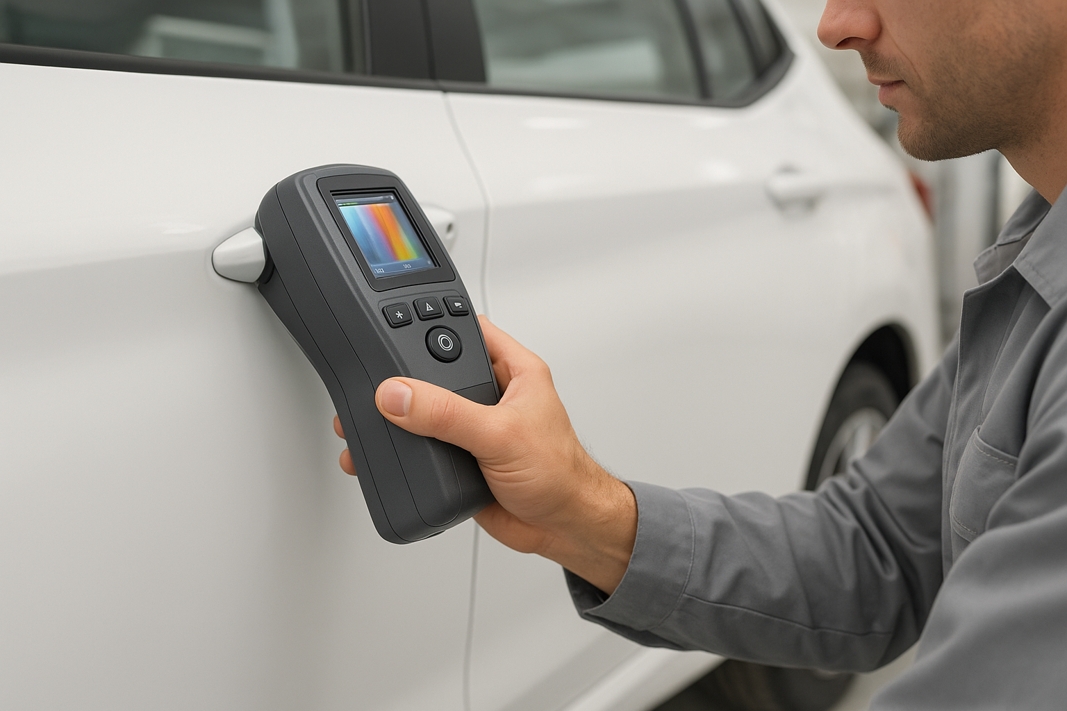 Auto body technician using computerized paint matching equipment during vehicle color repair in Brea