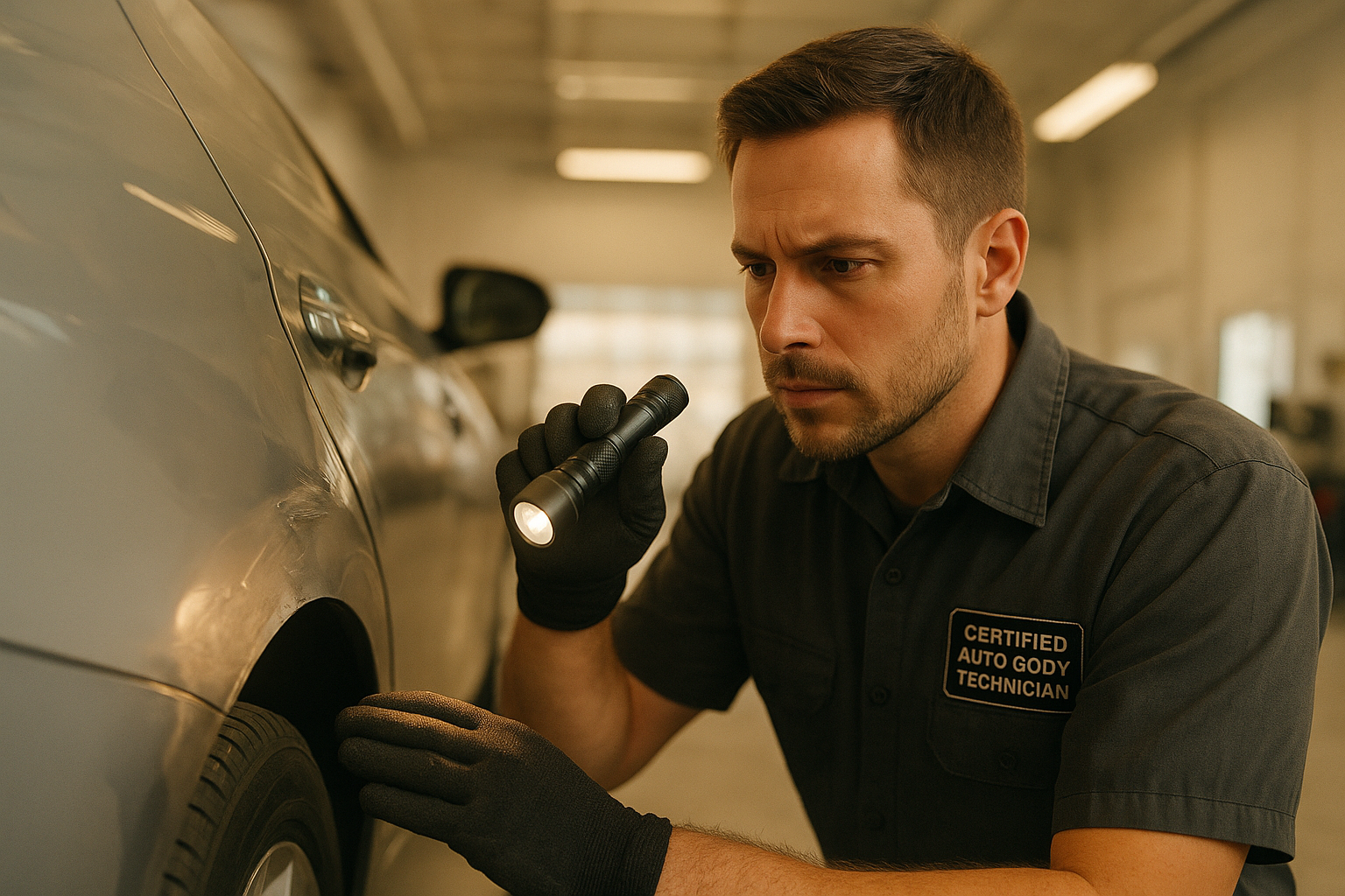Technician inspecting vehicle damage during auto accident repair Brea process