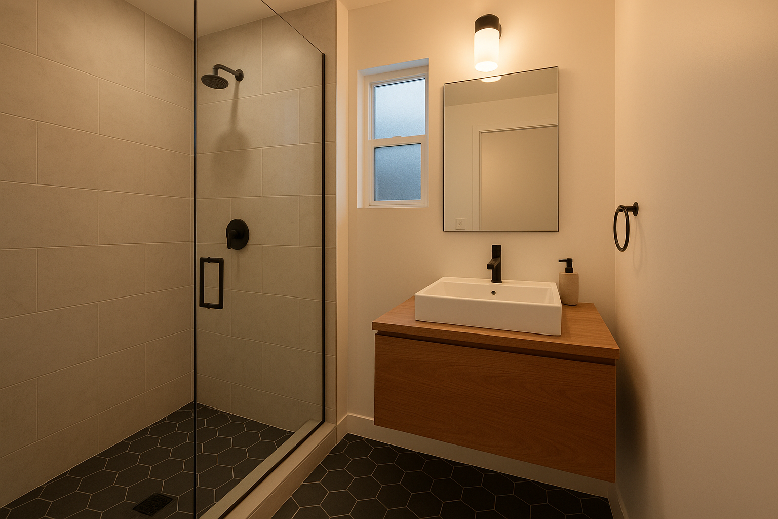 Elegant ADU bathroom with frameless glass shower and floating vanity as part of custom ADU design features