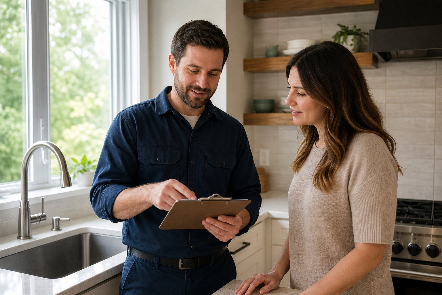 Plumber reviewing a free estimate with a homeowner after kitchen sink installation