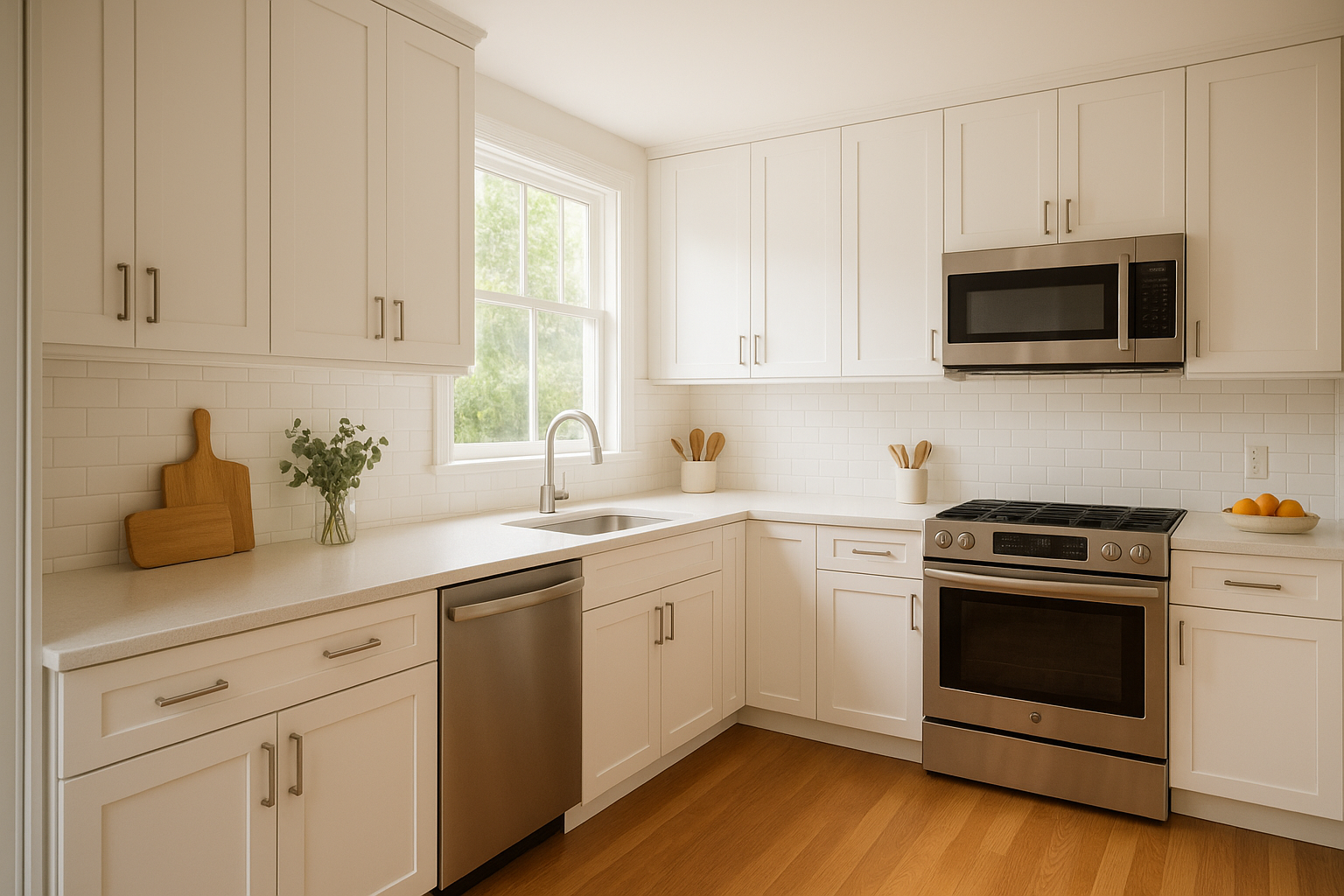 Example of how to refinish kitchen cabinets using a smooth white painted finish