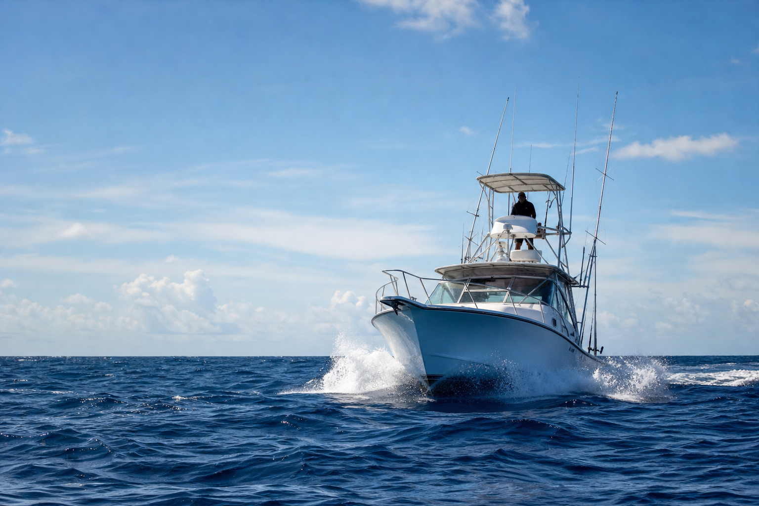 Offshore fishing boat crossing ocean swells toward Gulf Stream waters near the Carolina coast