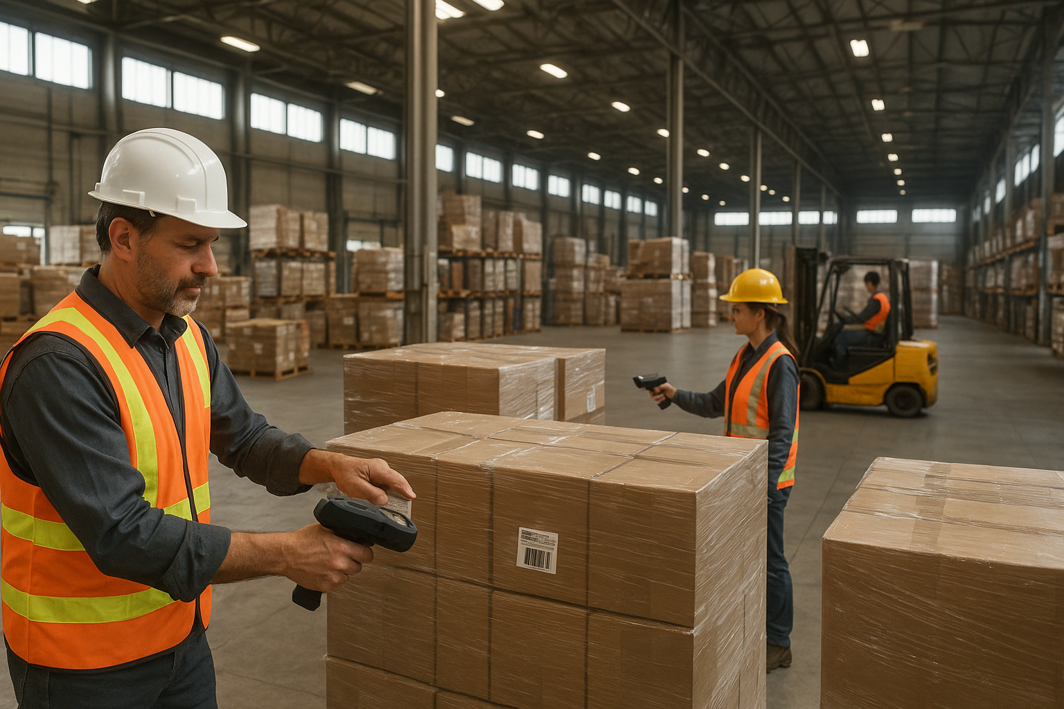 Warehouse workers scanning LTL freight pallets for shipment tracking updates