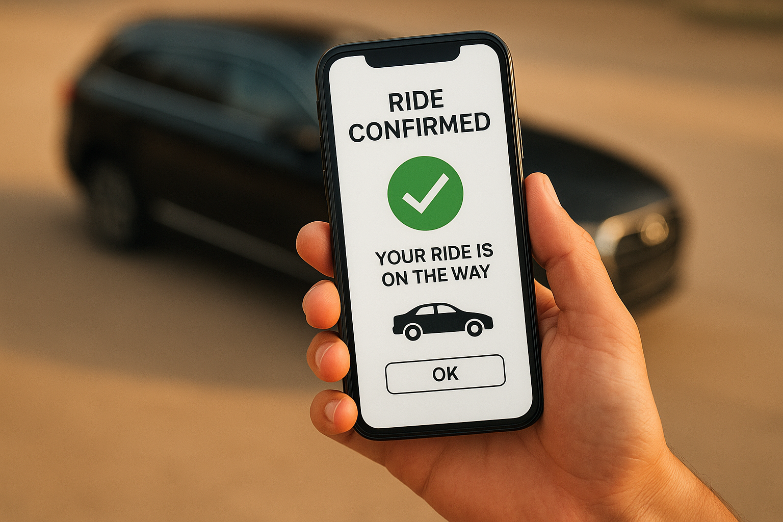 Smartphone showing a confirmed booking for limo service with a luxury SUV waiting in the background