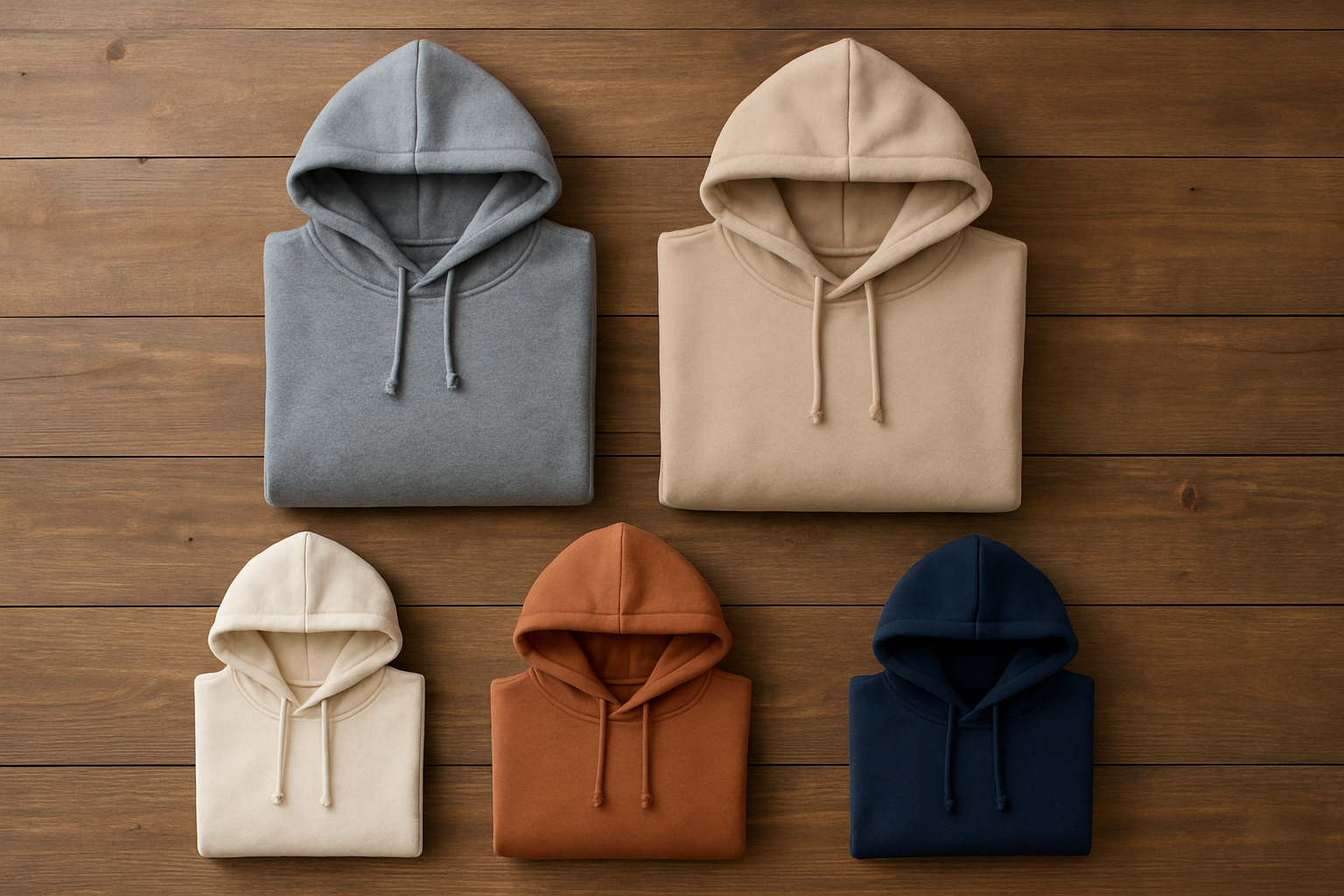 Flat lay of custom hoodies in men's, women's, and kids' sizes folded on a wooden surface