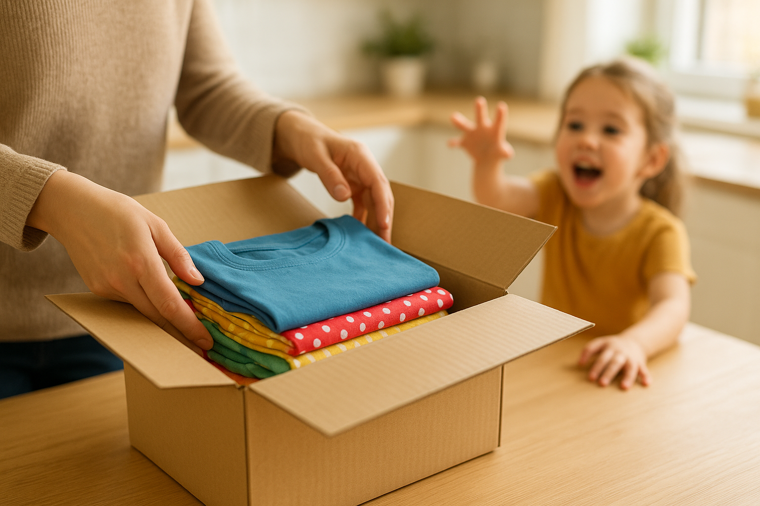 Parent and child opening a kids clothing rental bundle box on a kitchen table