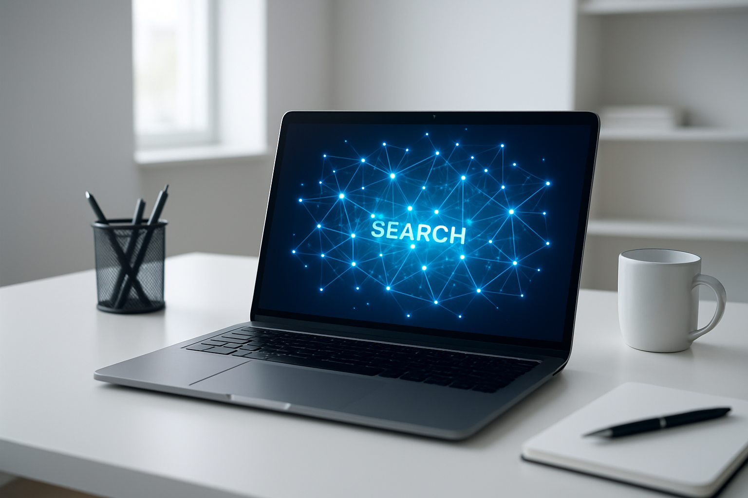 Visualization of AI-enhanced SEO strategies analyzing search data on a laptop screen