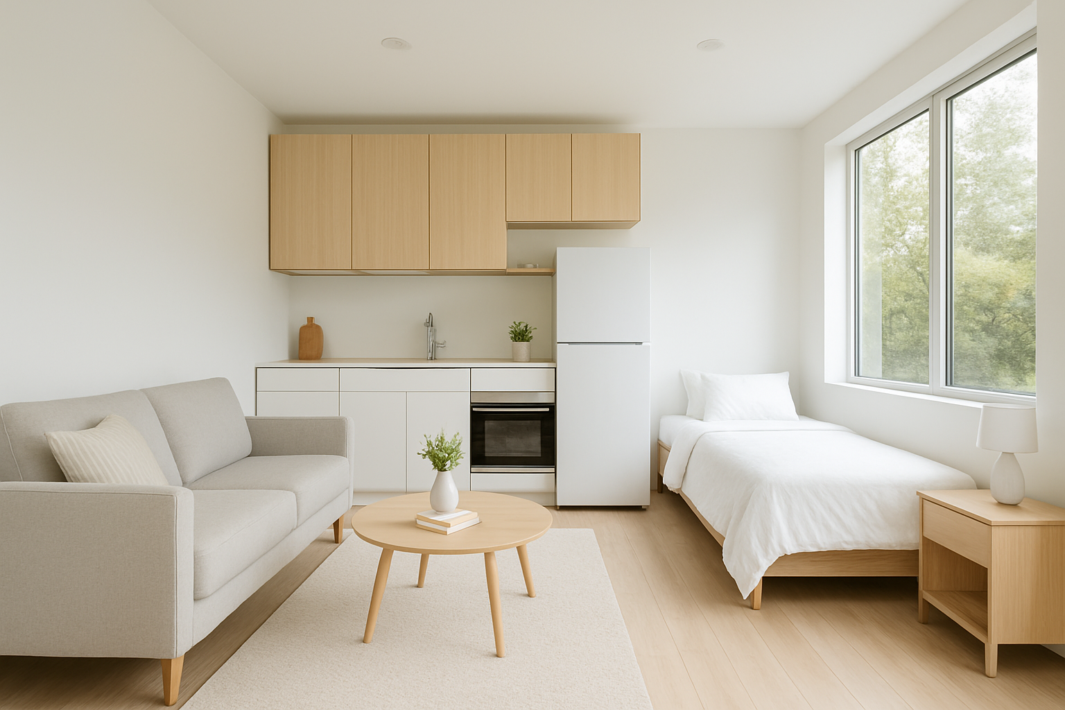 Finished interior of a prefab ADU studio unit with modern minimalist design and natural light