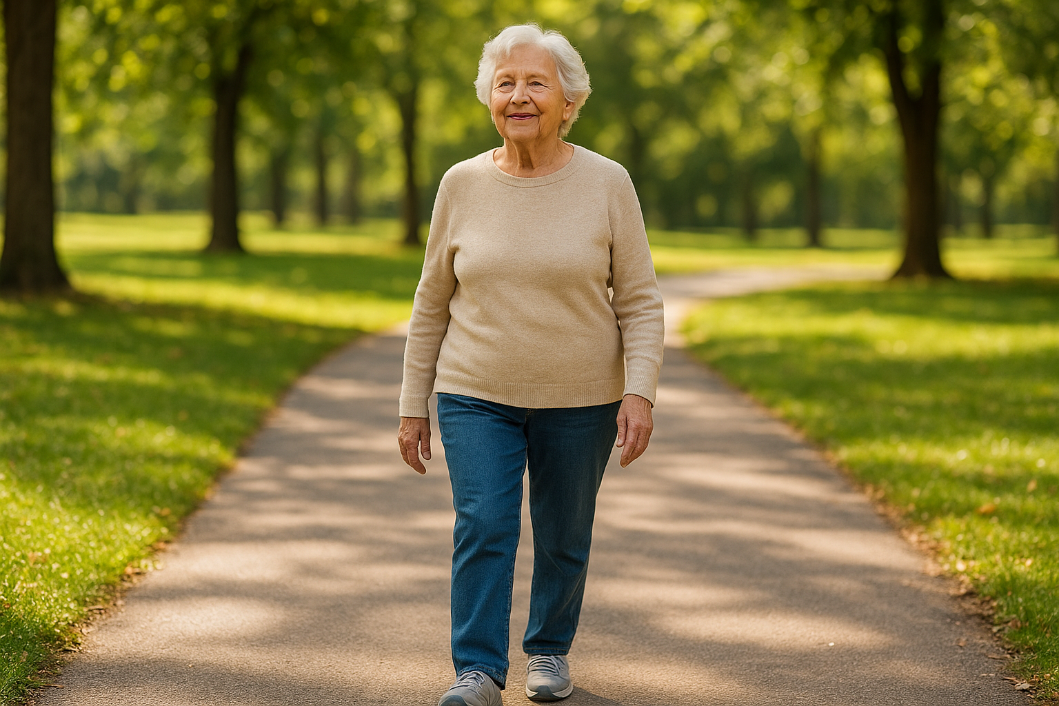 Senior woman walking comfortably outdoors after switching to custom molded orthotics for seniors