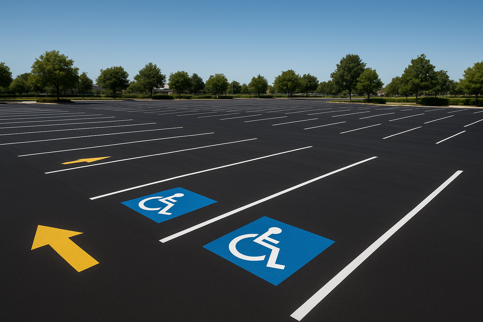 Freshly striped commercial parking lot with white stall lines, ADA symbols, and yellow directional arrows