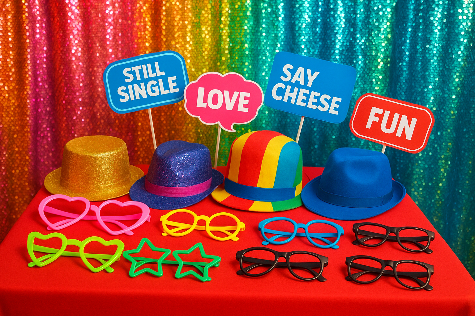 Photo booth backdrop and prop table with costume accessories for a rental event