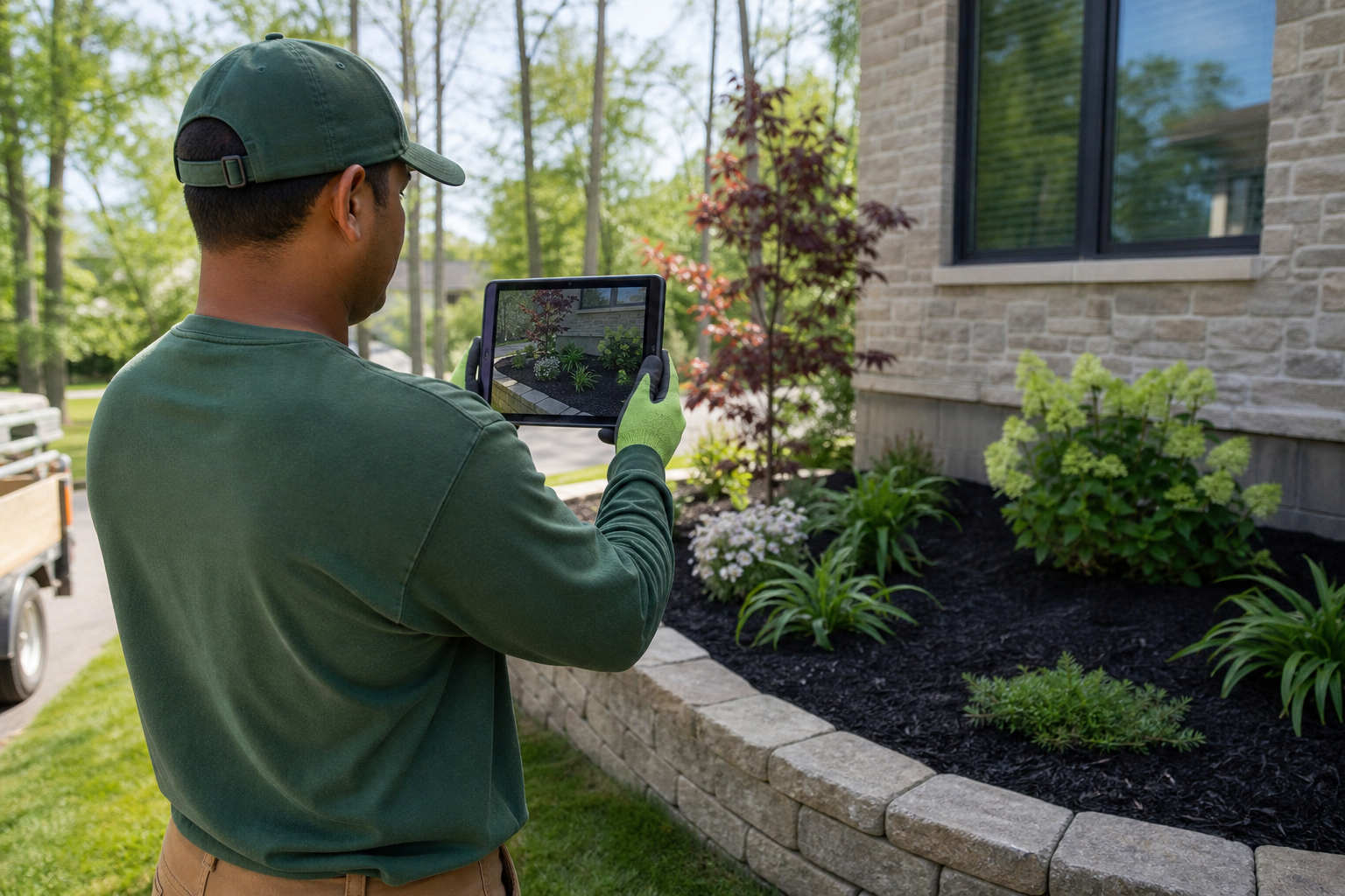 Landscaping crew member logging job costs and photos on a tablet in the field