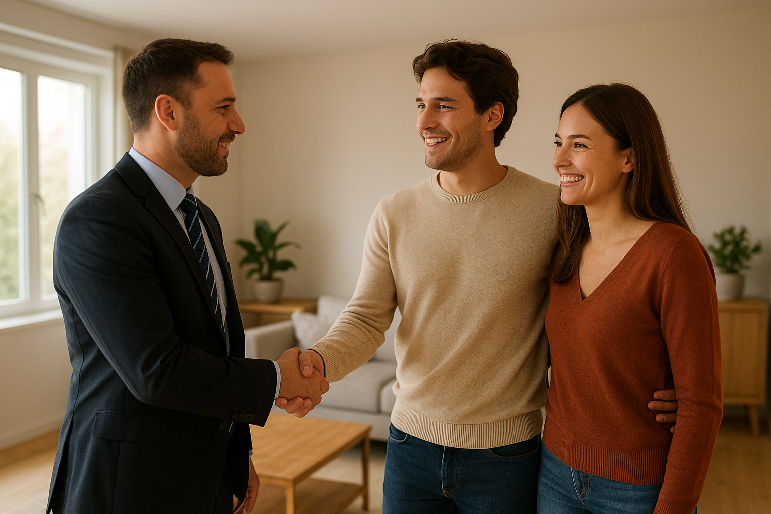 Real estate agent greeting home buyers in a bright San Antonio living room