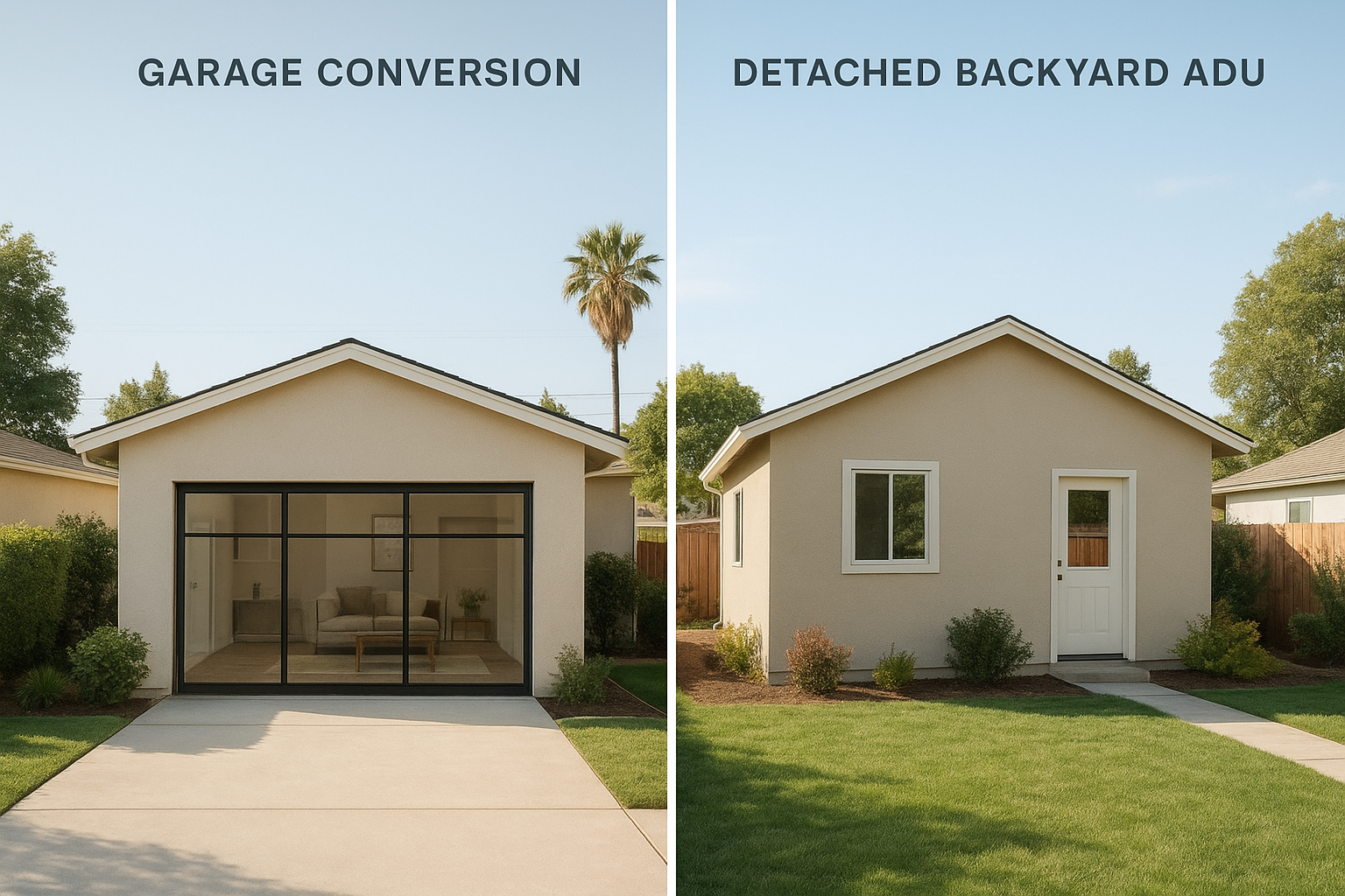 Comparison of garage conversion and detached ADU construction on a Los Angeles property