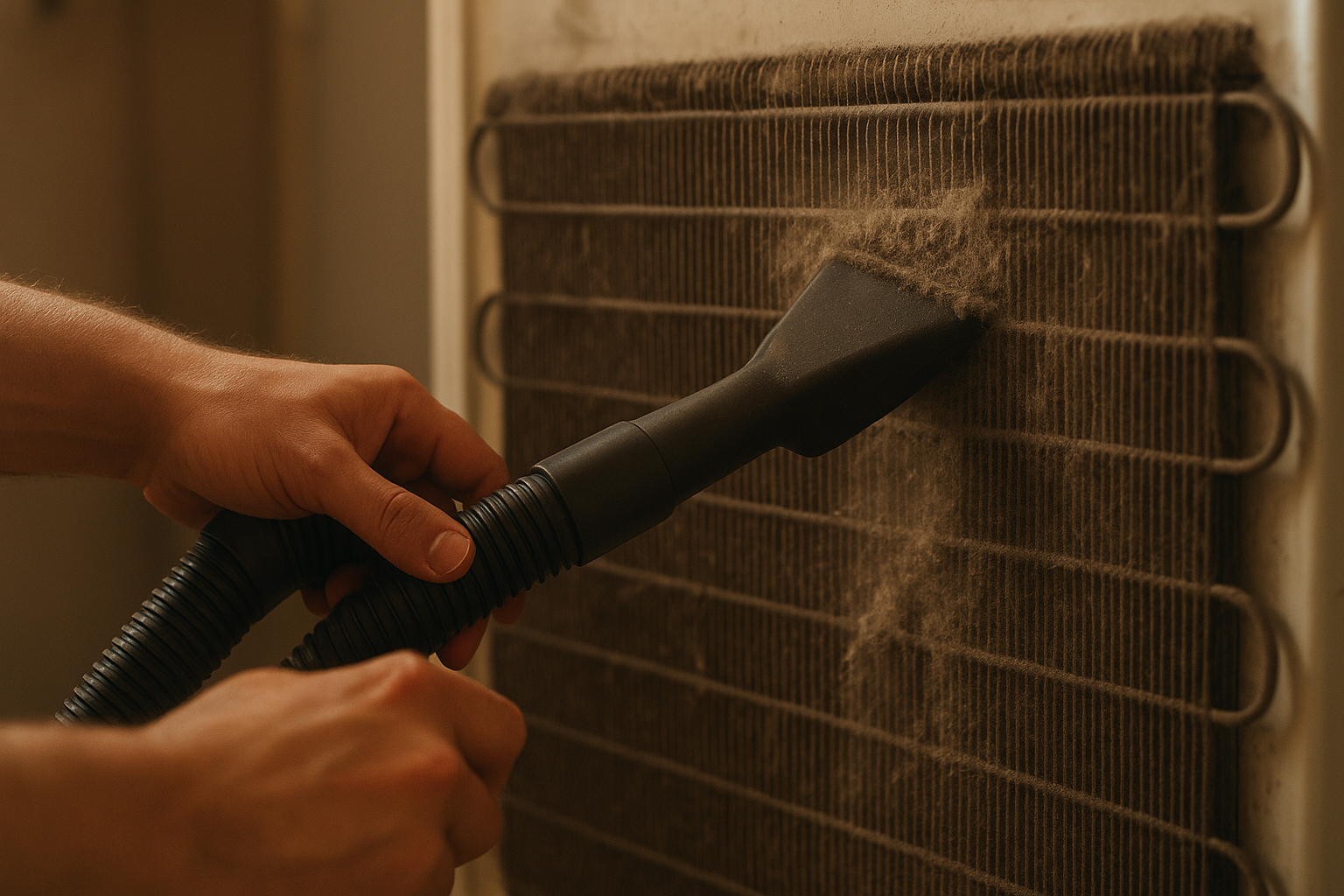 Homeowner cleaning condenser coils as part of refrigerator maintenance
