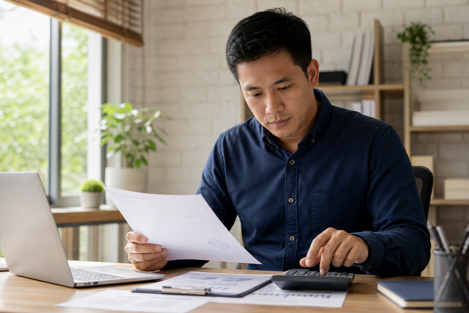 Small business owner reviewing term loans for small business owners paperwork at a desk