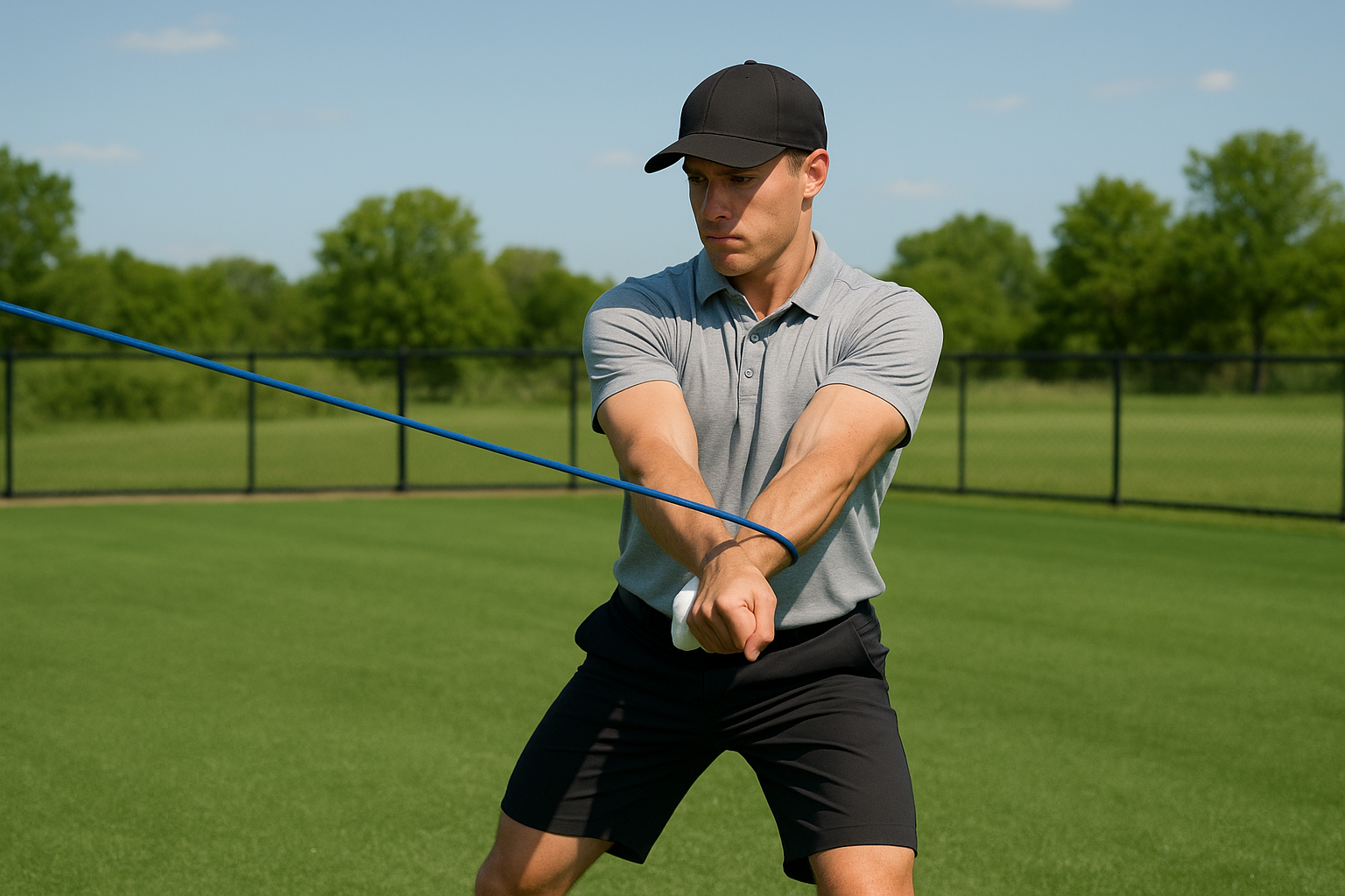 Golfer performing resistance training exercise to build swing speed safely