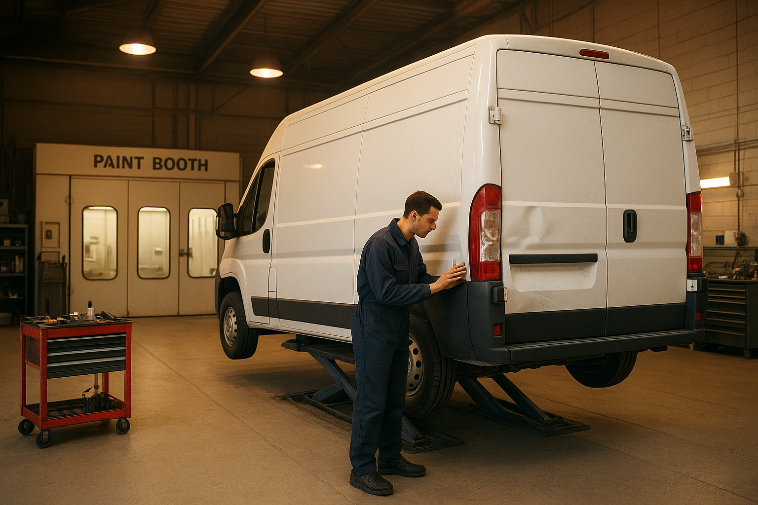 Technician inspecting fleet vehicle collision services Brea shop performs on a commercial van