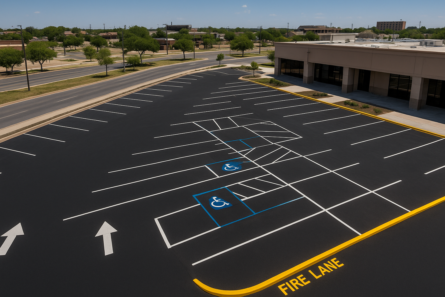 Freshly painted parking lot striping in Dallas TX showing white stall lines, ADA markings, and fire lane designations