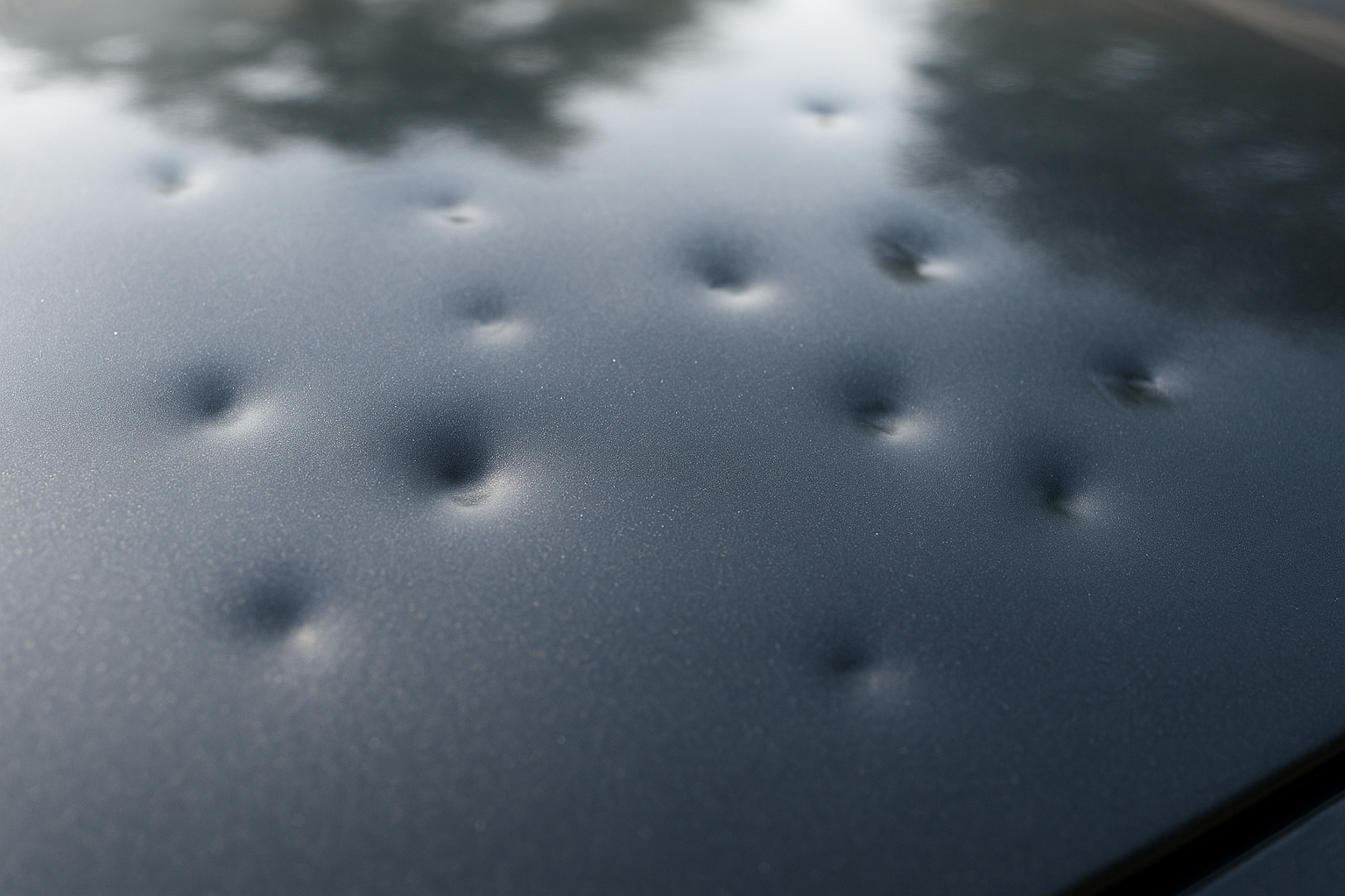 Close-up of hail dents on a vehicle hood after a Southern California storm