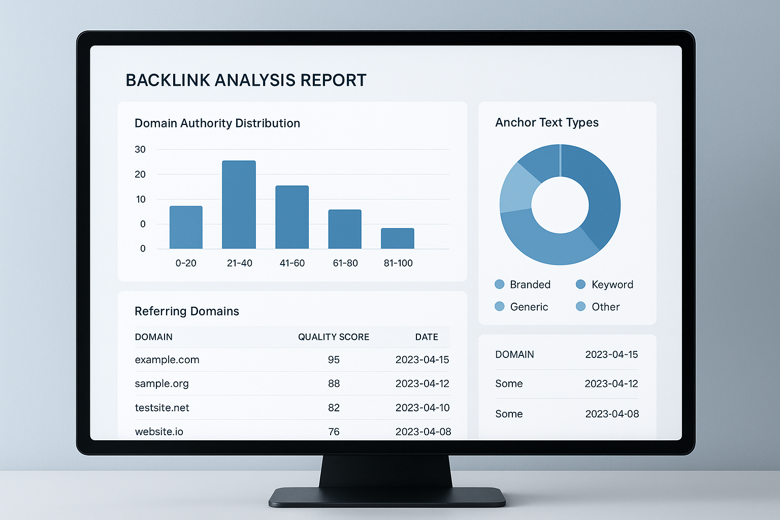 Backlink profile checker dashboard displaying domain authority scores and referring domain metrics