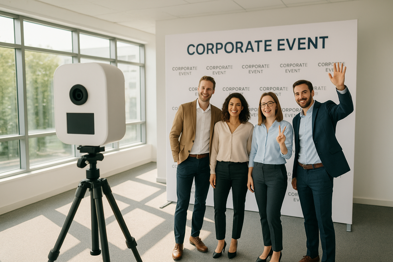 Corporate event photo booth setup with backdrop across the Tri-State region
