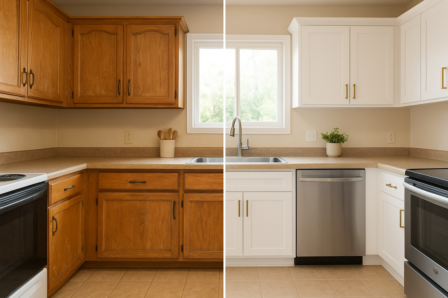 Refaced cabinets before and after comparison in a Cincinnati kitchen