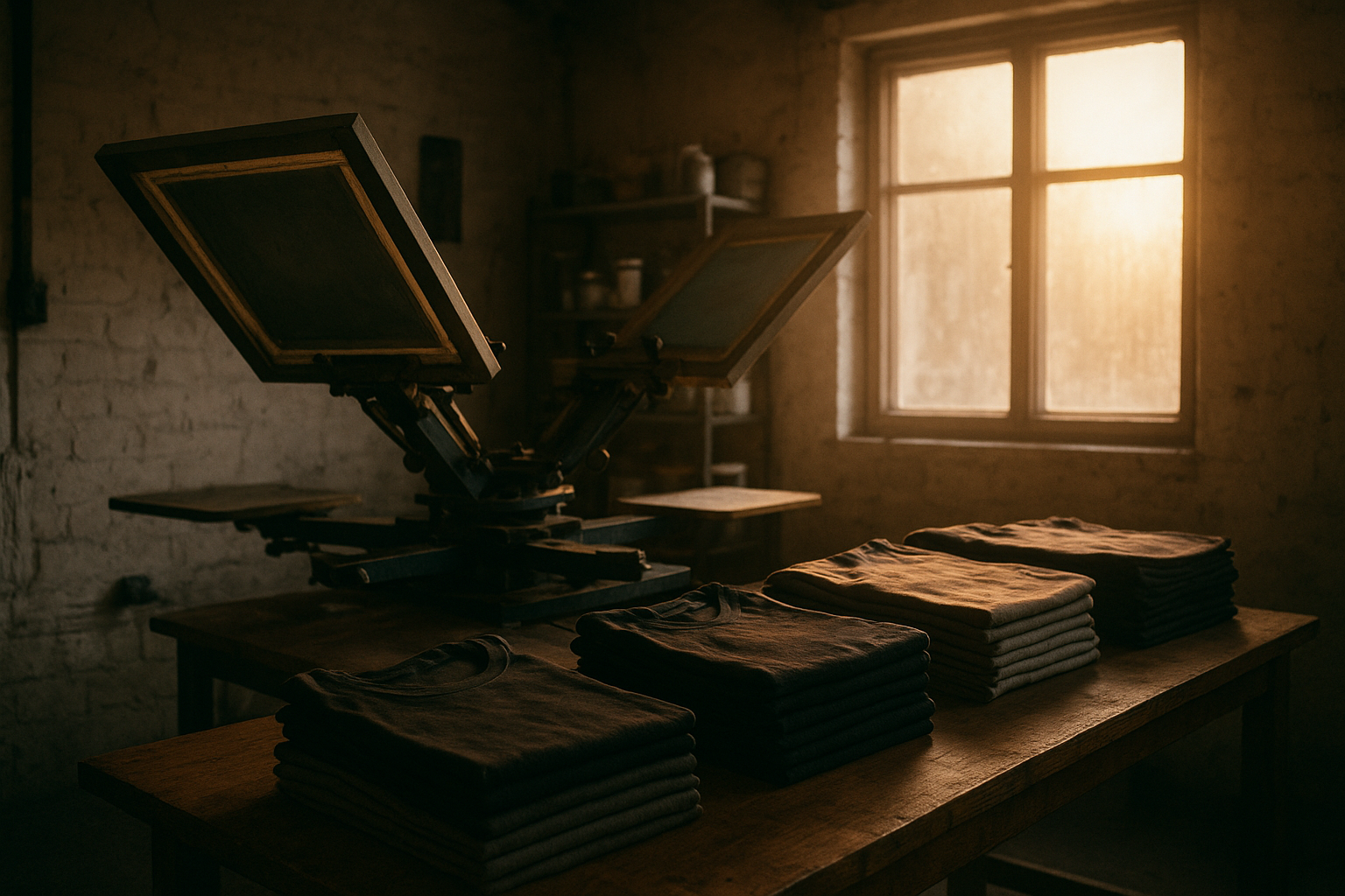 Local custom t-shirt printing workshop with screen printing press and folded shirts