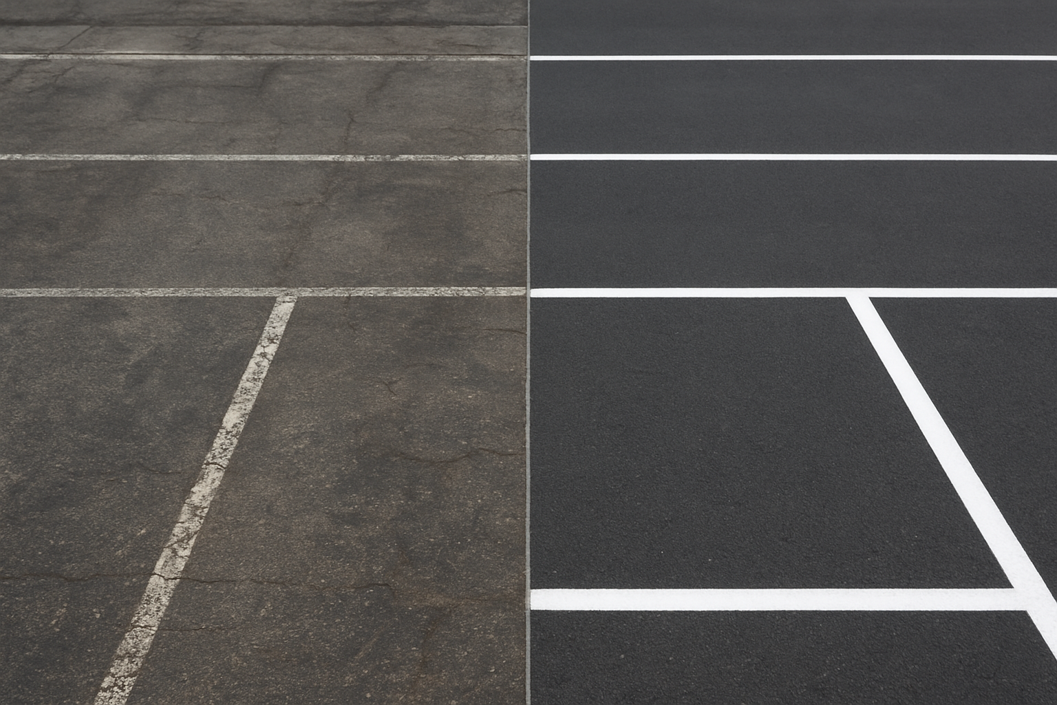 Before and after comparison of faded parking lot markings versus freshly restriped lines showing the value of professional traffic marking services