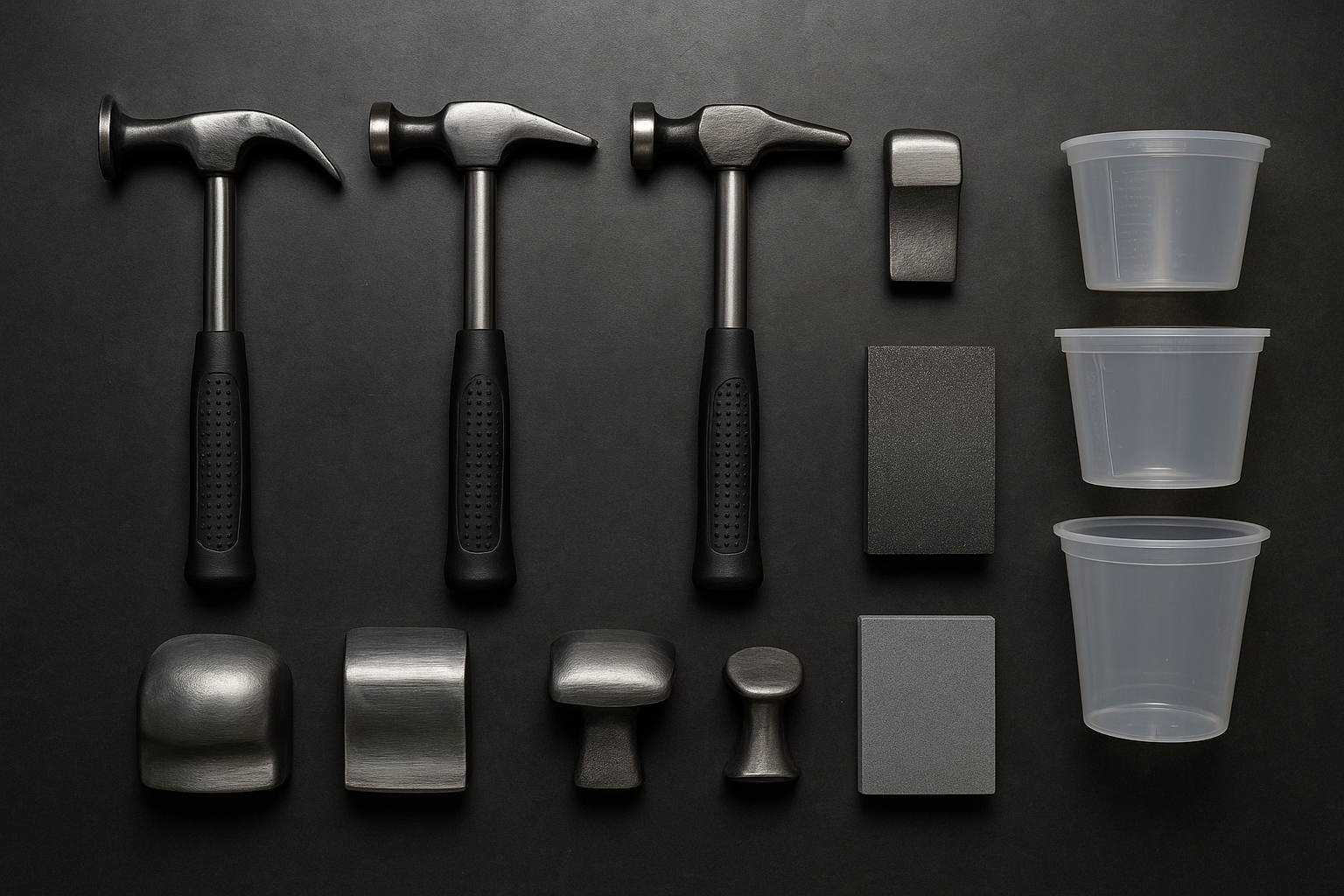 Auto body repair tools used at a professional body shop including hammers, dollies, and paint equipment