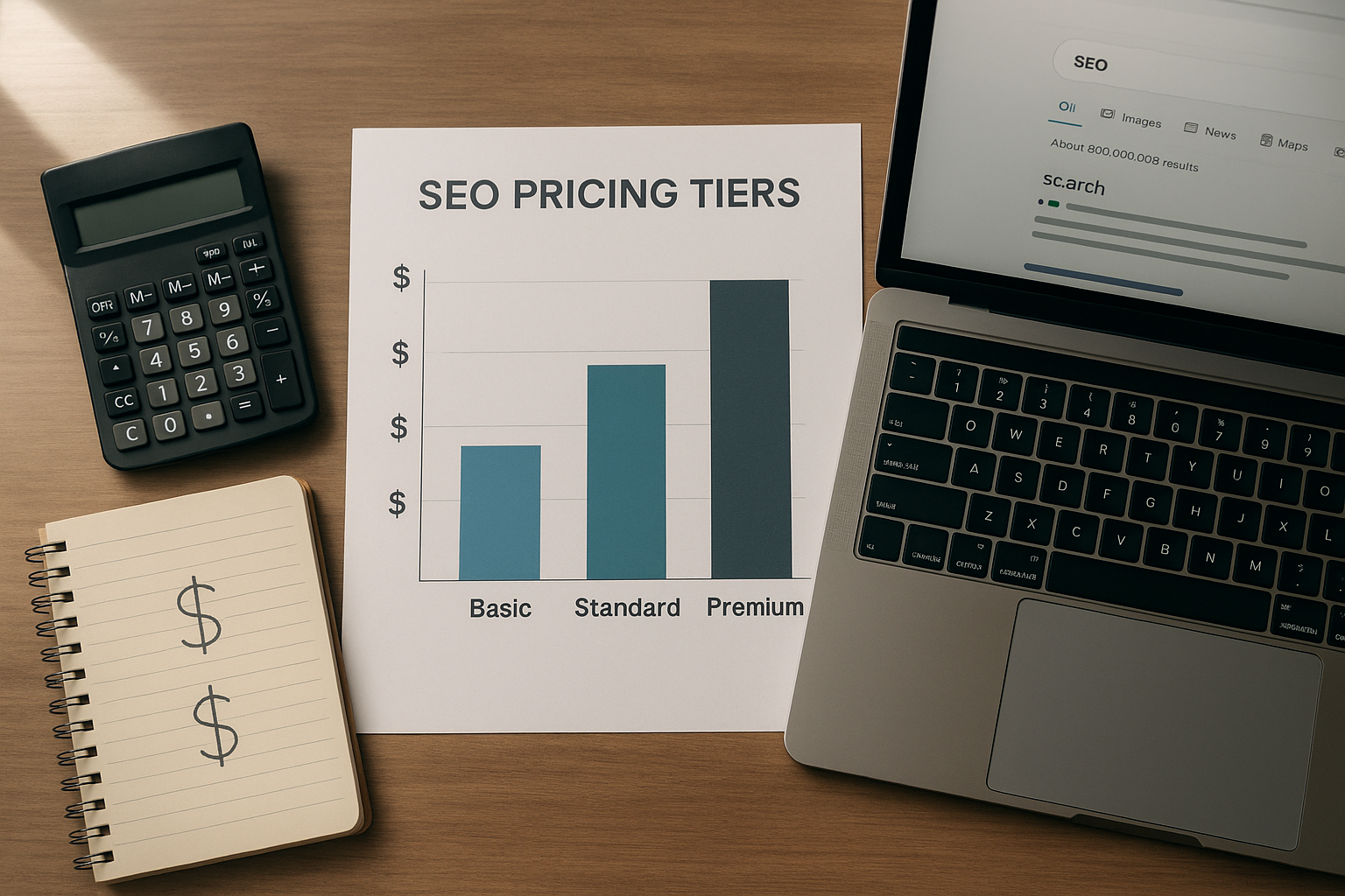 Flat-lay overview of how much SEO service costs with pricing chart and calculator on a desk