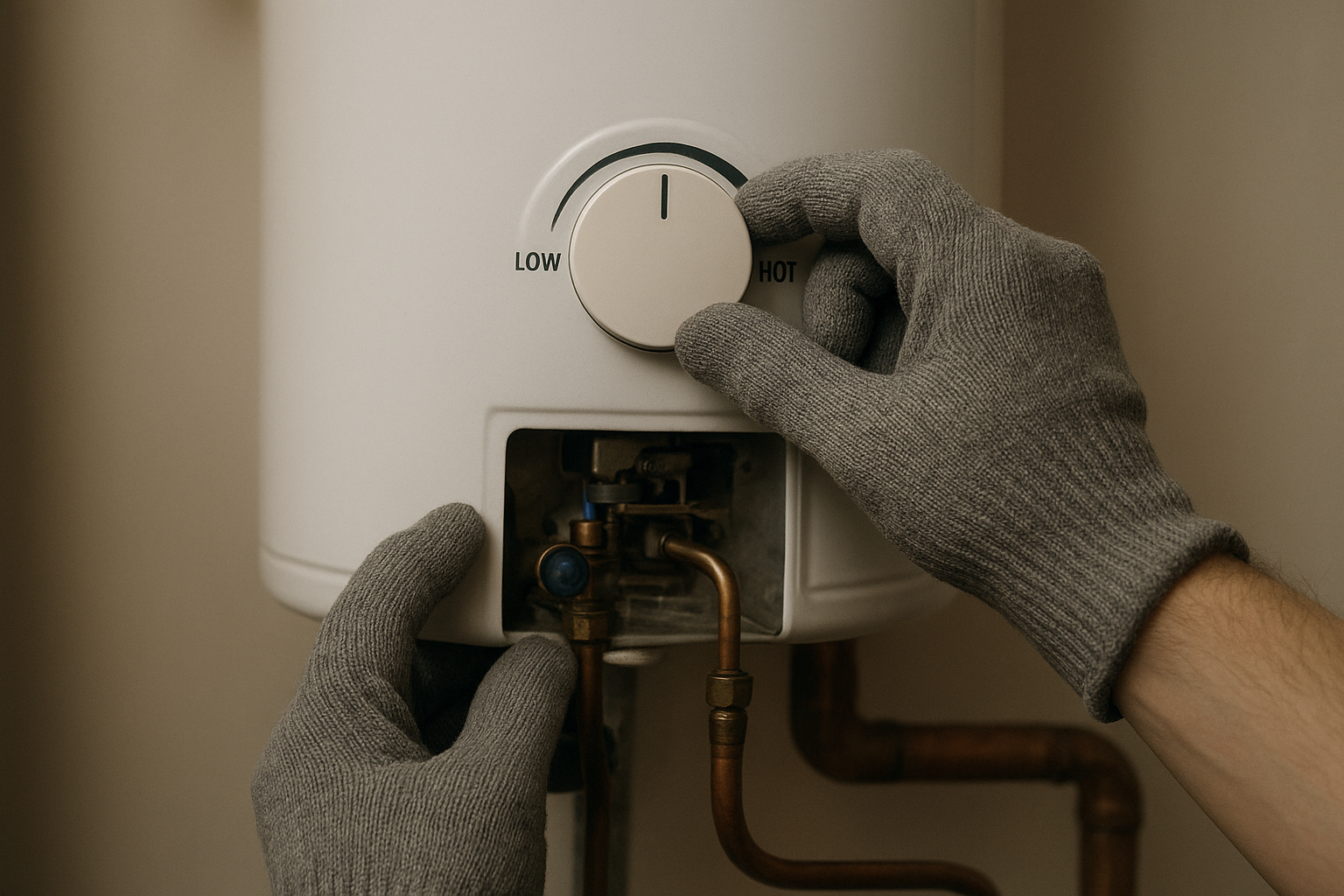 Fc5f3b0c_water-heater-thermostat-adjustment Close-up of a gas water heater thermostat dial being adjusted during a repair visit