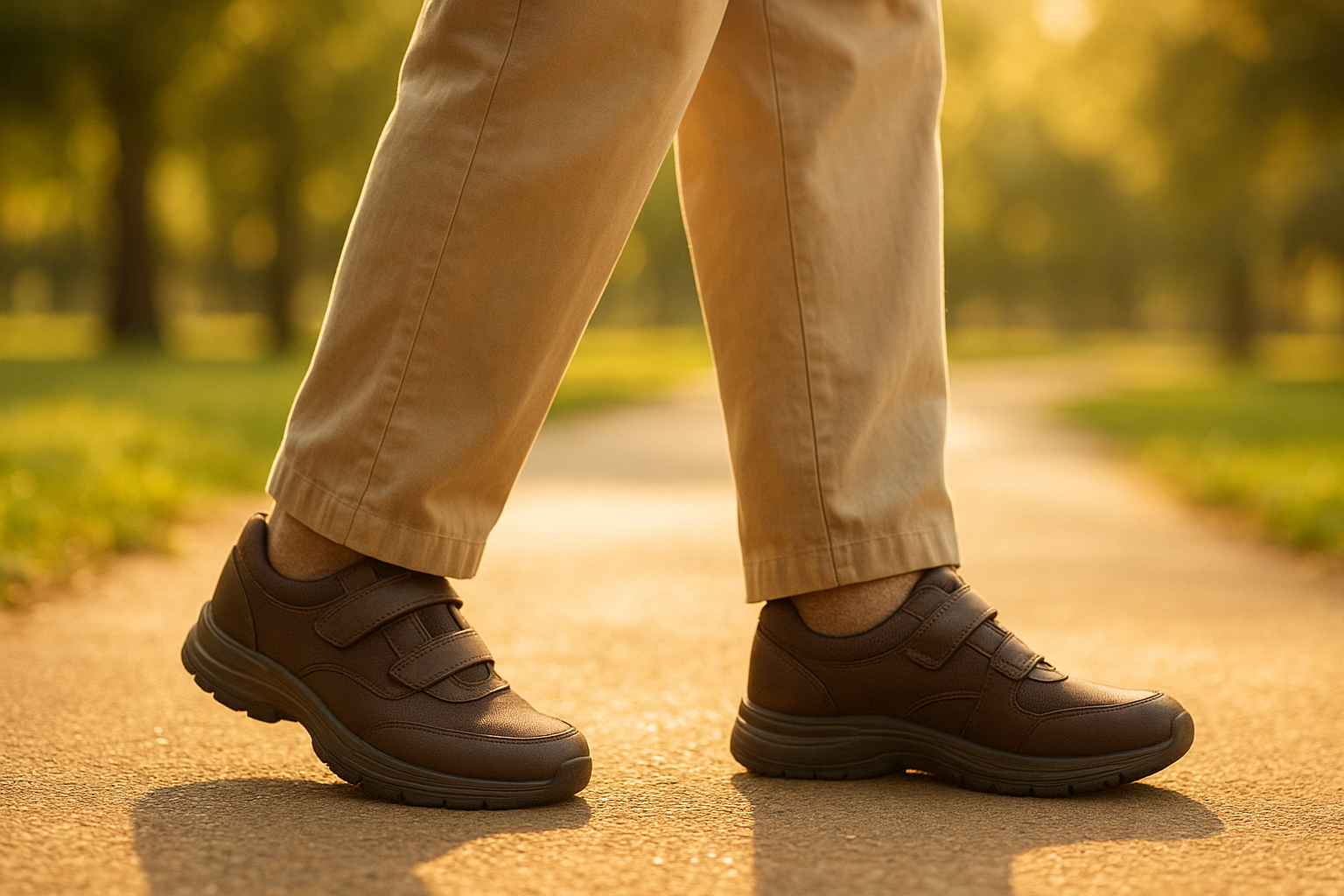 Person with diabetes walking comfortably outdoors thanks to supportive orthotics for diabetic foot care