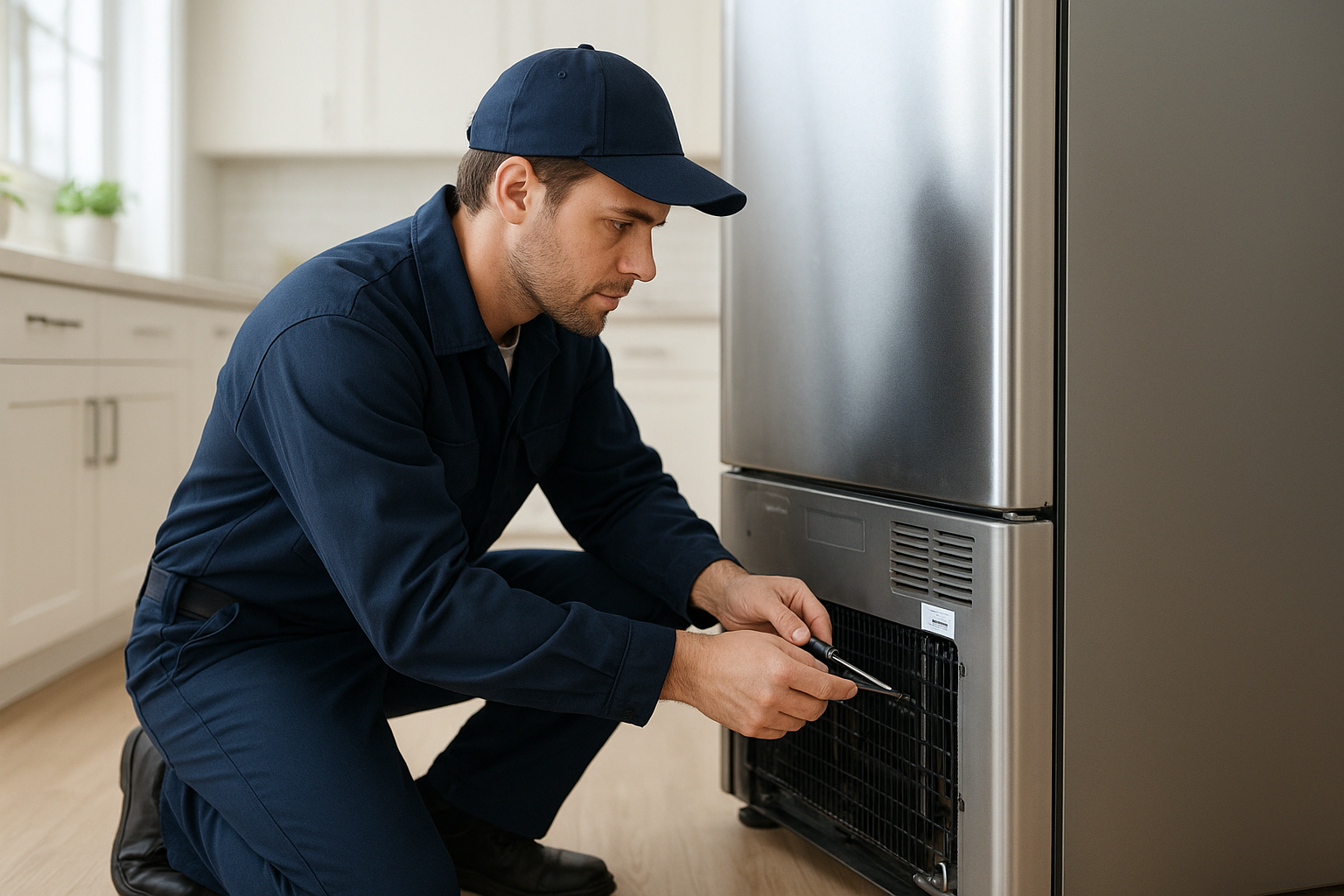 Technician providing Santa Rosa home repair services on a refrigerator