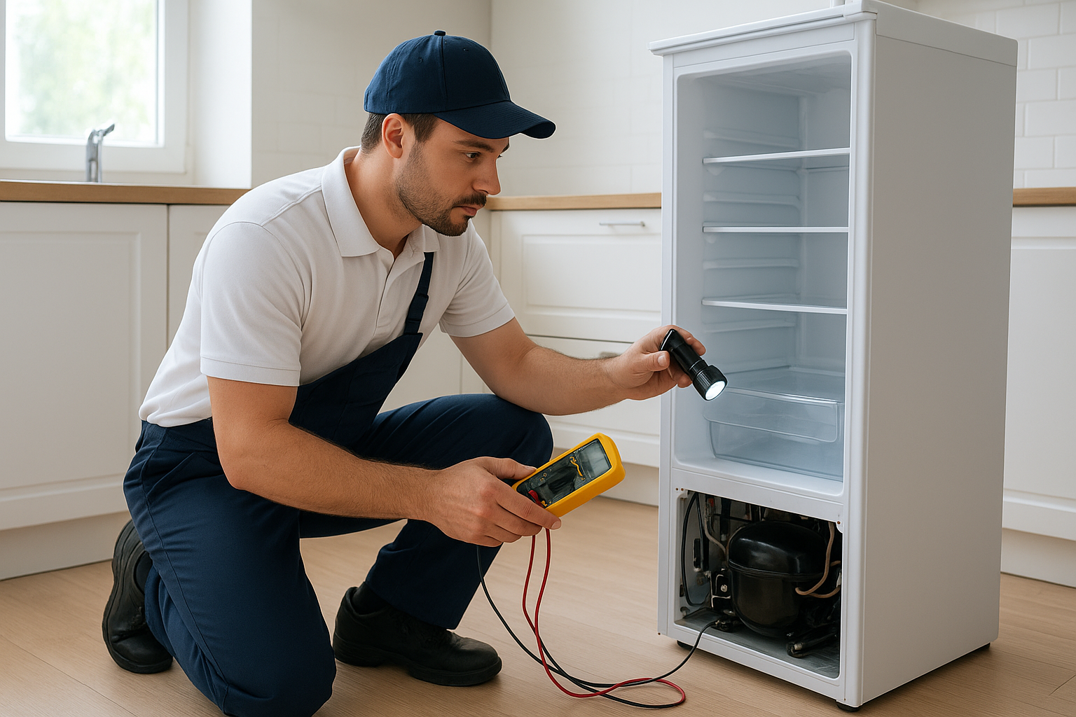 Technician diagnosing cooling issue during frigidaire refrigerator repair in a home kitchen