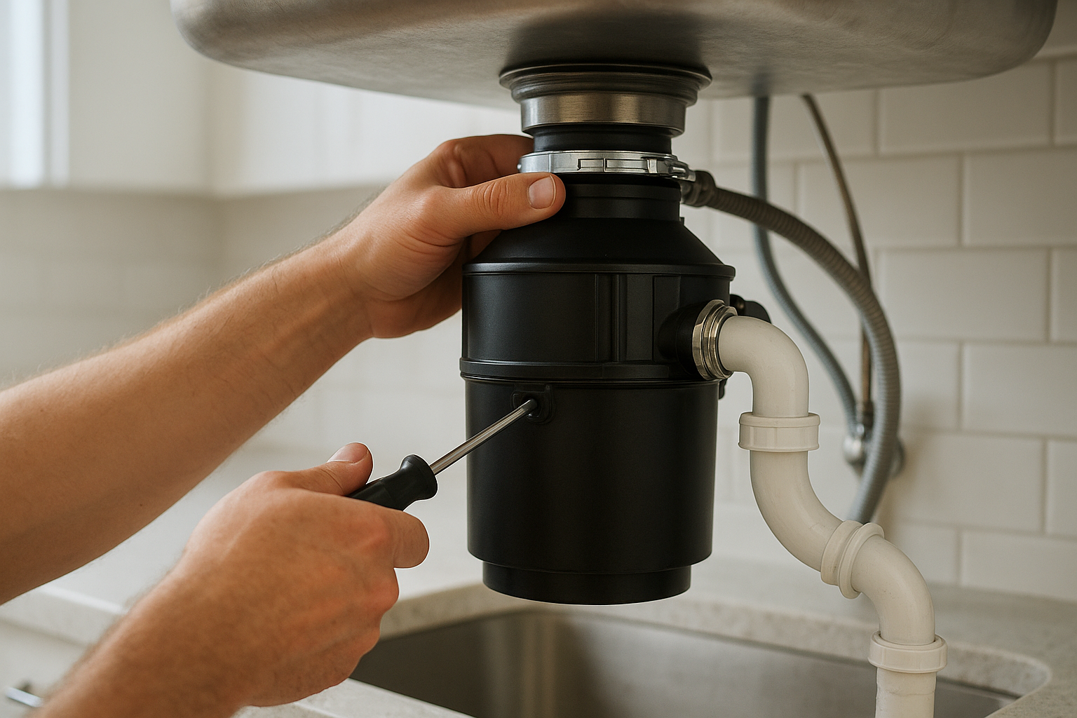 Fc7fe92b_garbage-disposal-repair-terrell Technician repairing garbage disposal during kitchen plumbing service in Terrell TX