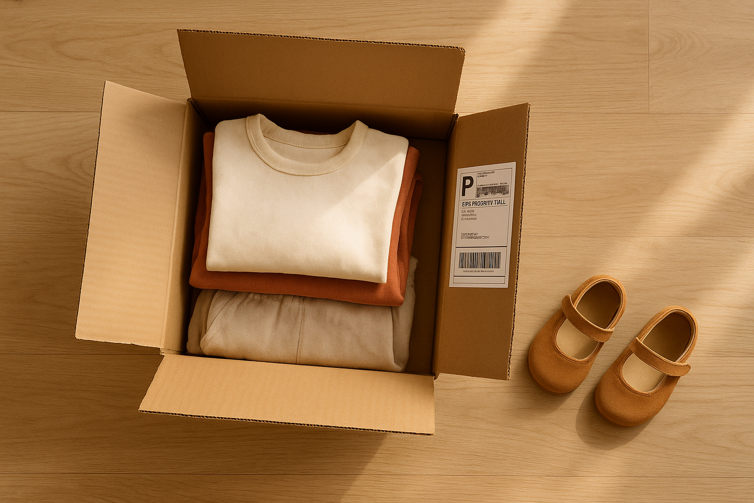 Unboxing a delivered bundle from a children's clothing subscription with free two-way shipping