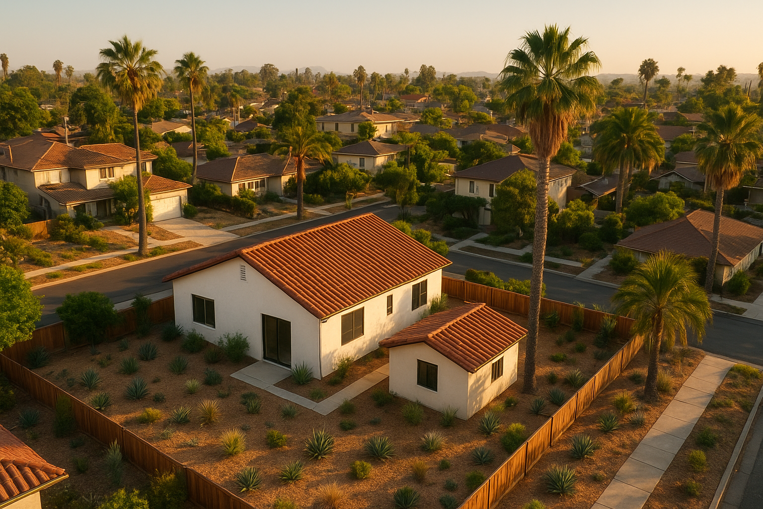 Aerial view of a Southern California property with a detached custom ADU design visible in the backyard