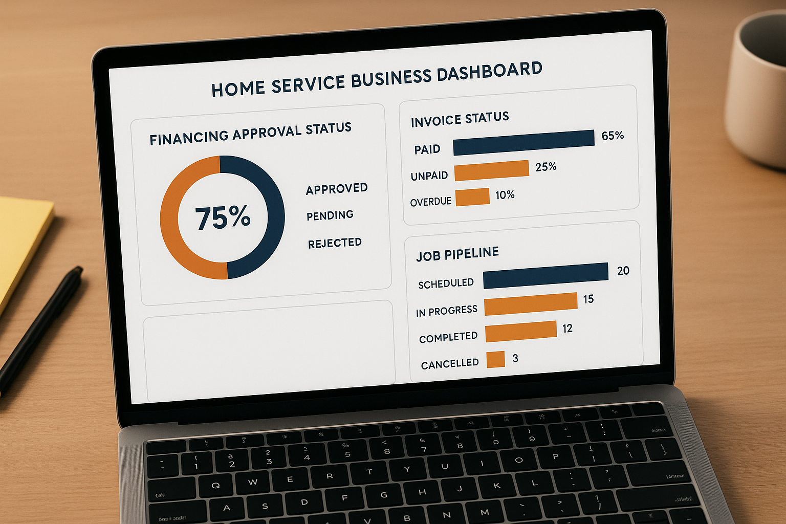 dashboard view tracking financing approvals and unpaid invoices for a home service contractor