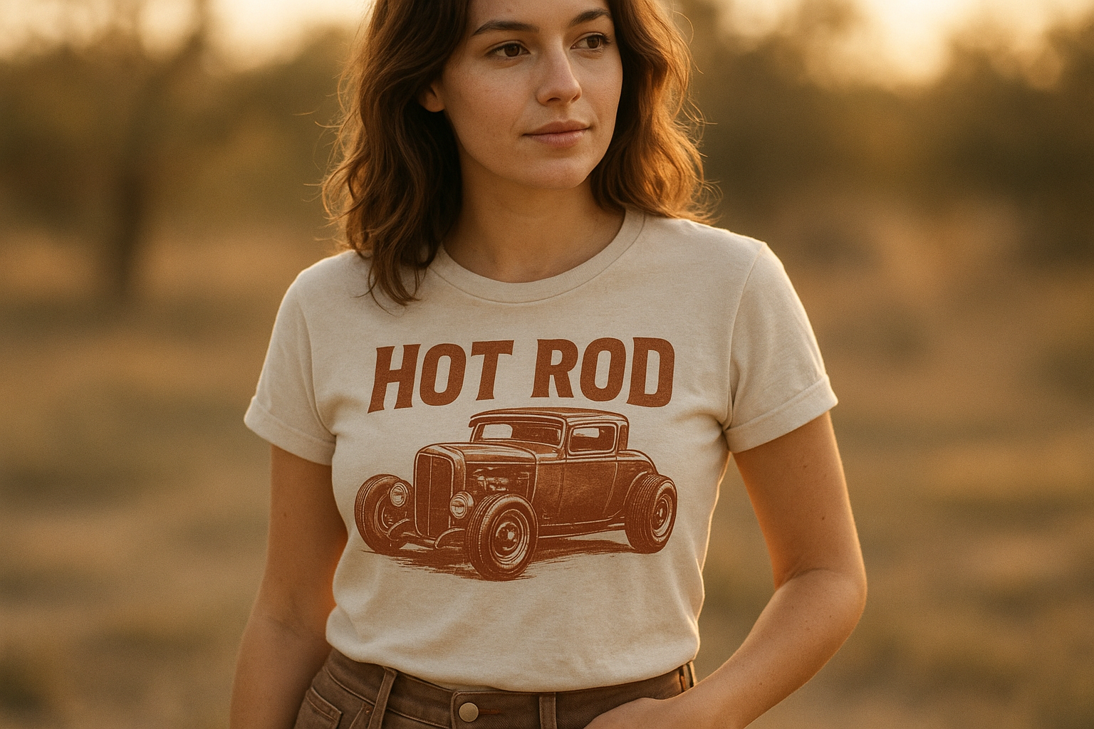 Woman wearing women's graphic tees featuring a vintage hot rod design