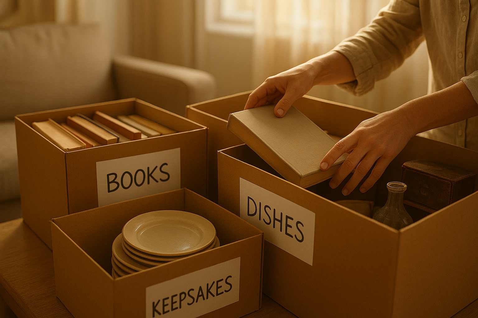 Family member sorting boxes of keepsakes while preparing for an estate sale